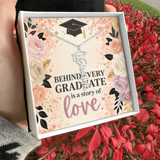Shop our behind every graduate is a story of love graduation cap name necklace featuring the Polished Stainless Steel style option from MySisterIsASurvivor.