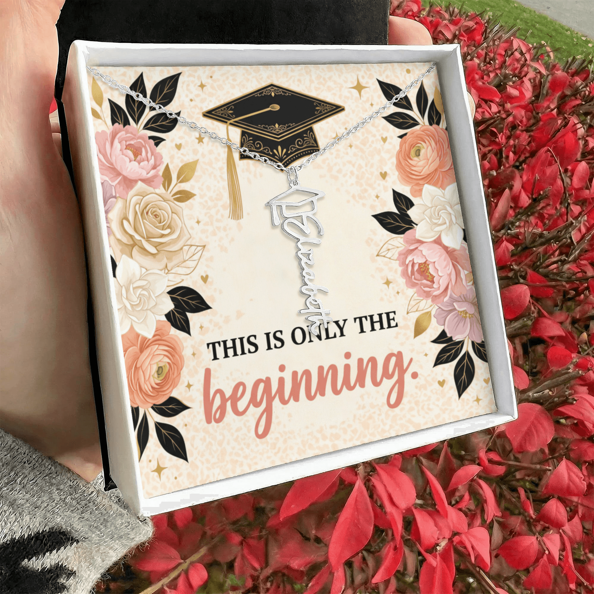Shop our this is only the beginning graduation cap name necklace featuring the Polished Stainless Steel style option from MySisterIsASurvivor.
