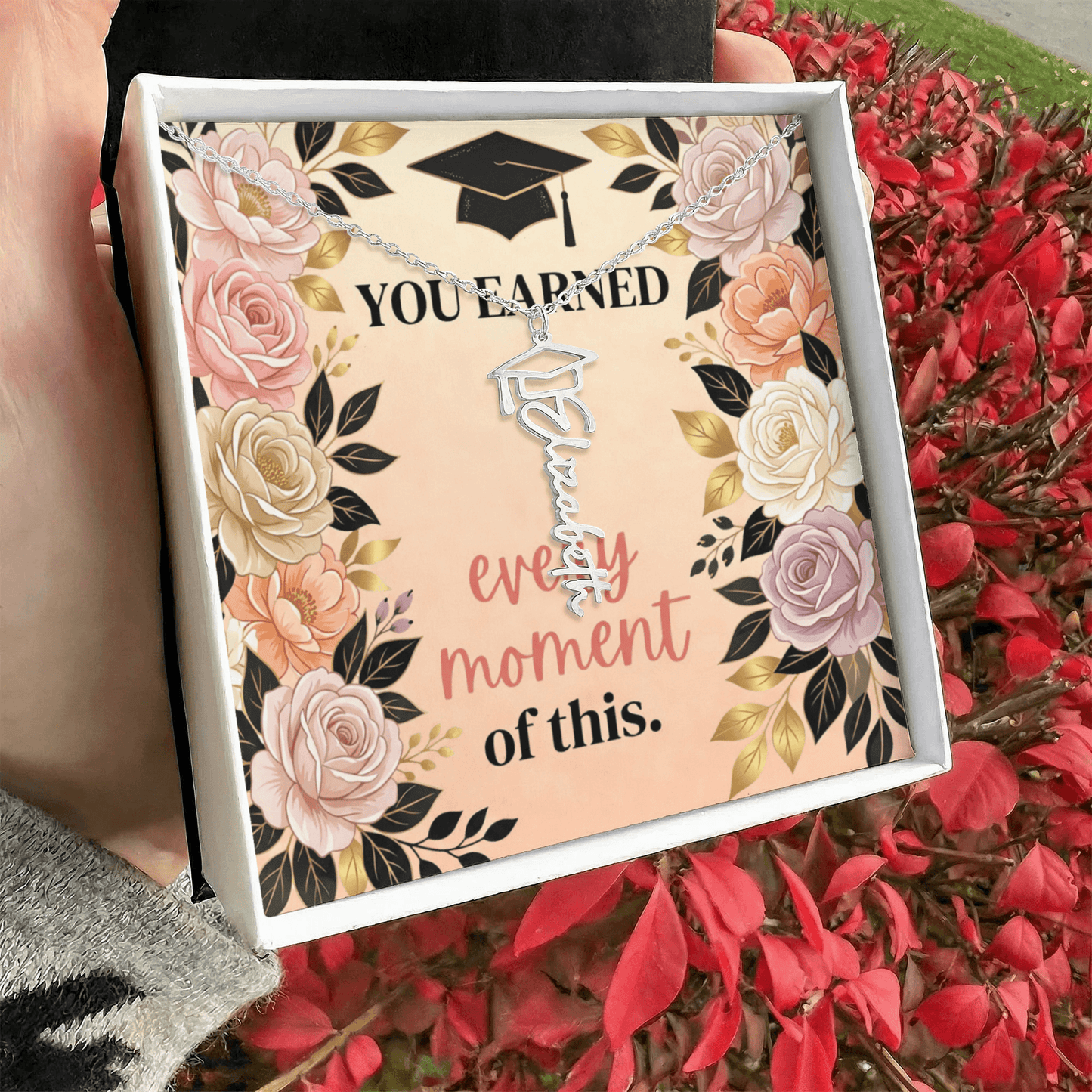 Shop our you earned every moment of this graduation cap name necklace featuring the Polished Stainless Steel style option from MySisterIsASurvivor.