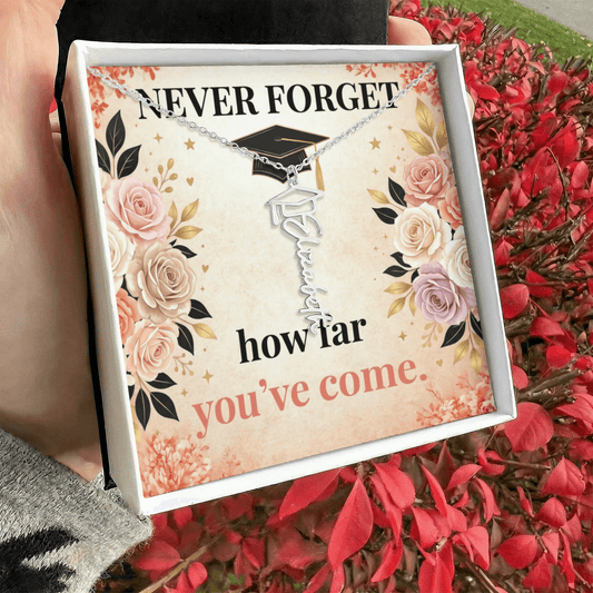 Shop our never forget how far youve come graduation cap name necklace featuring the Polished Stainless Steel style option from MySisterIsASurvivor.