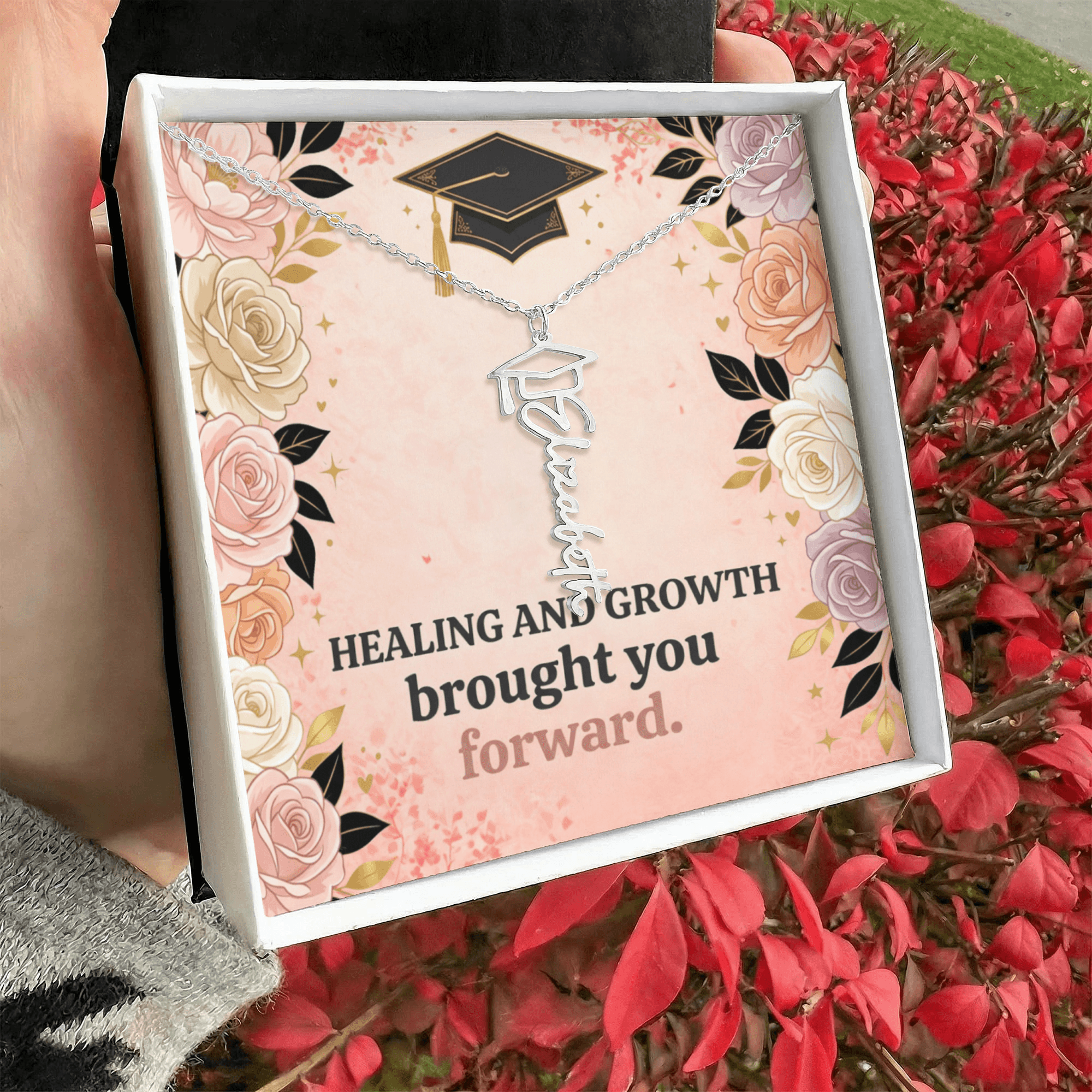 Shop our premium healing and growth brought you forward graduation cap name necklace from MySisterIsASurvivor.