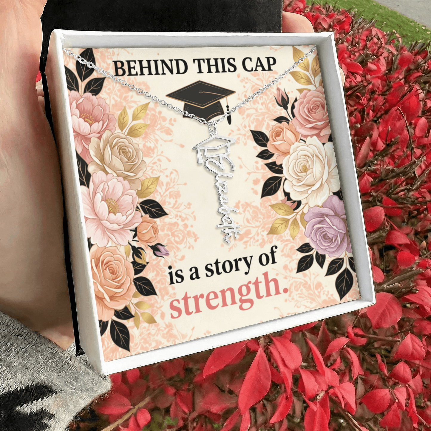 Shop our behind this cap is a story of strength graduation cap name necklace featuring the Polished Stainless Steel style option from MySisterIsASurvivor.