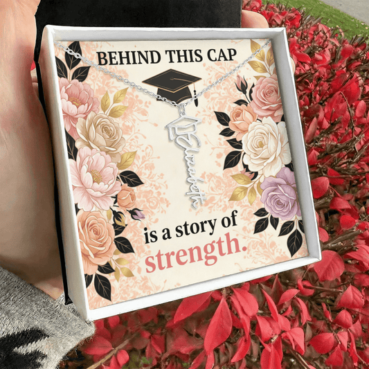 Shop our behind this cap is a story of strength graduation cap name necklace featuring the Polished Stainless Steel style option from MySisterIsASurvivor.