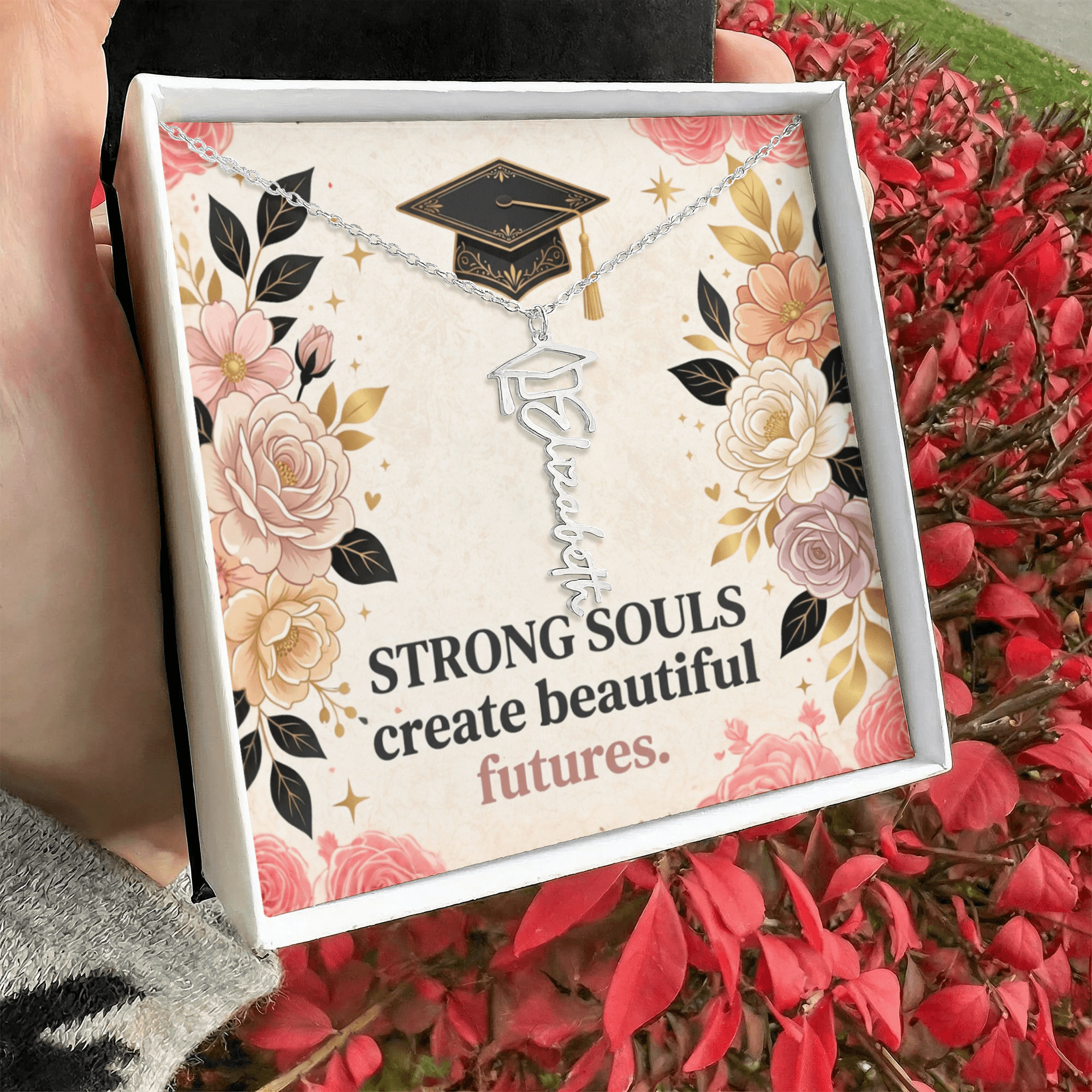 Shop our premium strong souls create beautiful futures graduation cap name necklace from MySisterIsASurvivor.