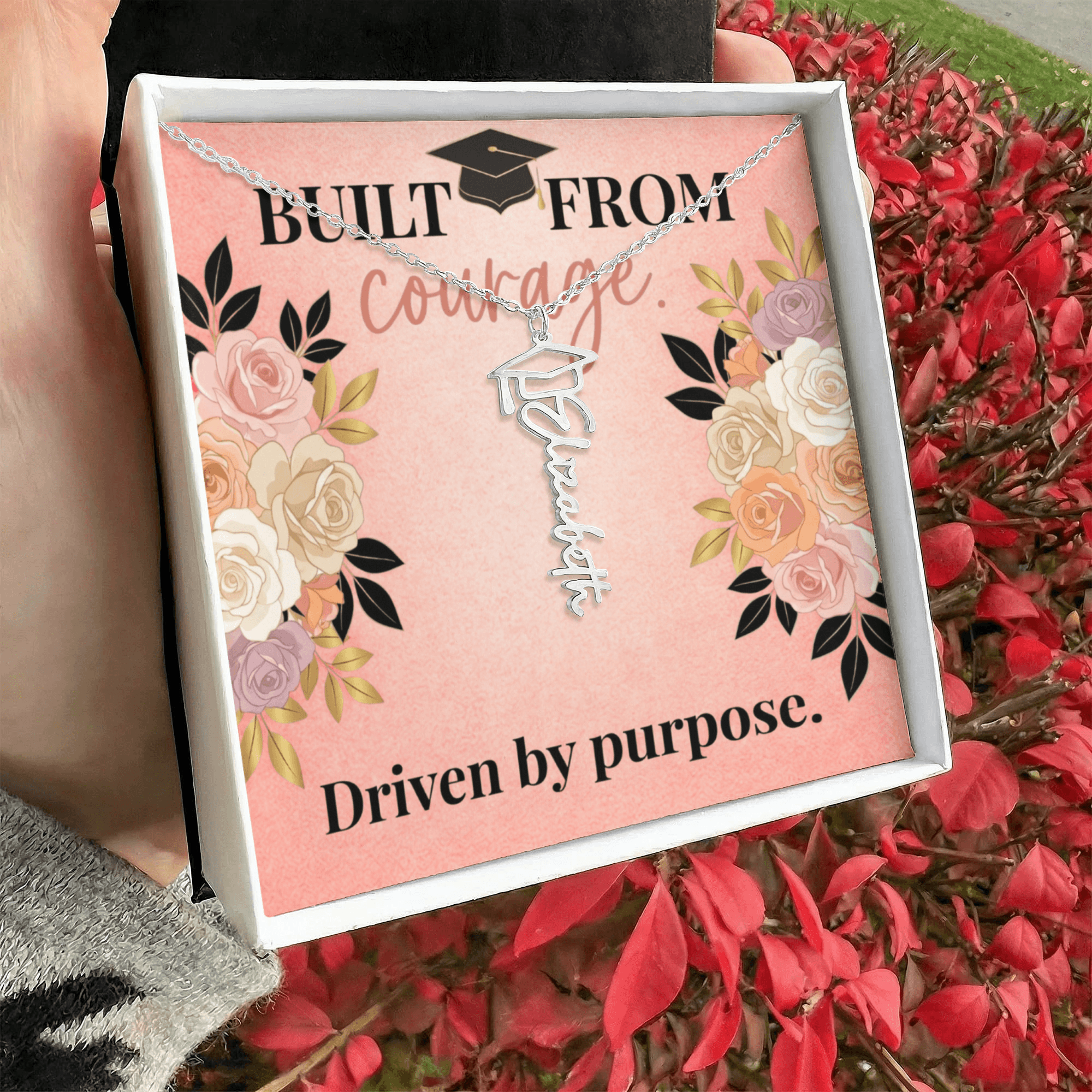 Shop our built from courage driven by purpose graduation cap name necklace featuring the Polished Stainless Steel style option from MySisterIsASurvivor.