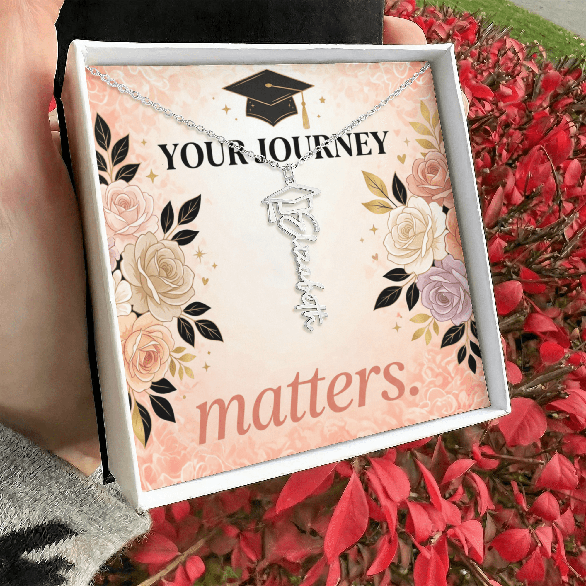 Shop our your journey matters graduation cap name necklace featuring the Polished Stainless Steel style option from MySisterIsASurvivor.