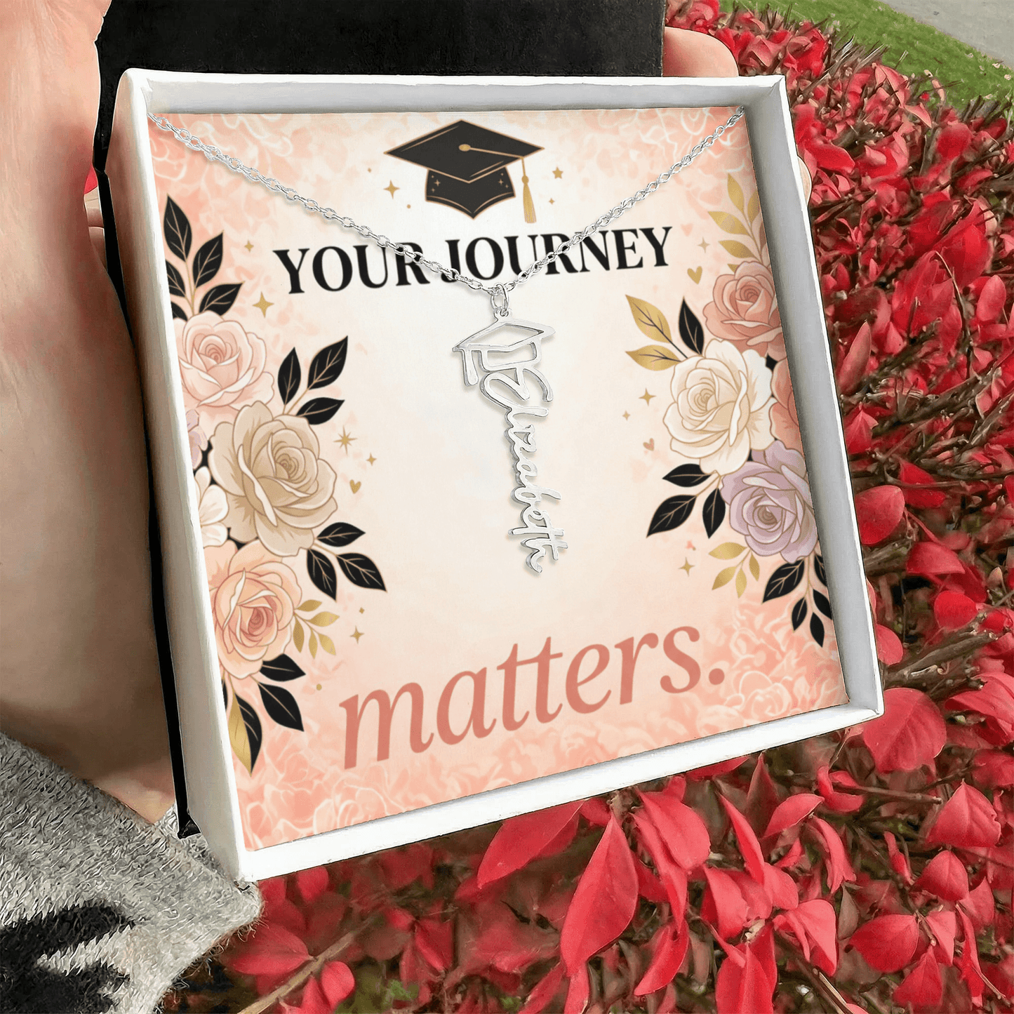 Shop our your journey matters graduation cap name necklace featuring the Polished Stainless Steel style option from MySisterIsASurvivor.