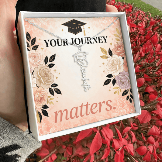 Shop our your journey matters graduation cap name necklace featuring the Polished Stainless Steel style option from MySisterIsASurvivor.