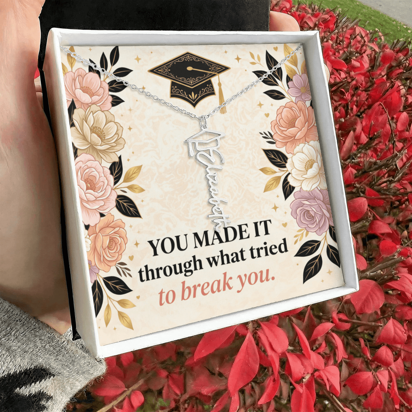 Shop our you made it through what tried to break you graduation cap name necklace featuring the Polished Stainless Steel style option from MySisterIsASurvivor.