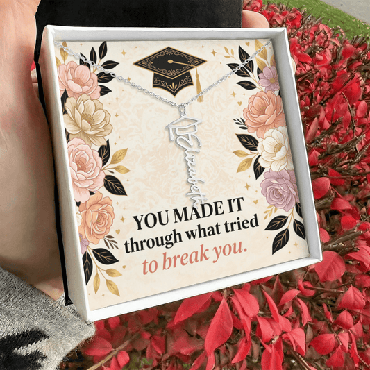 Shop our you made it through what tried to break you graduation cap name necklace featuring the Polished Stainless Steel style option from MySisterIsASurvivor.