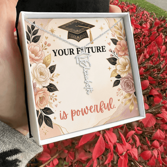 Shop our your future is powerful graduation cap name necklace featuring the Polished Stainless Steel style option from MySisterIsASurvivor.