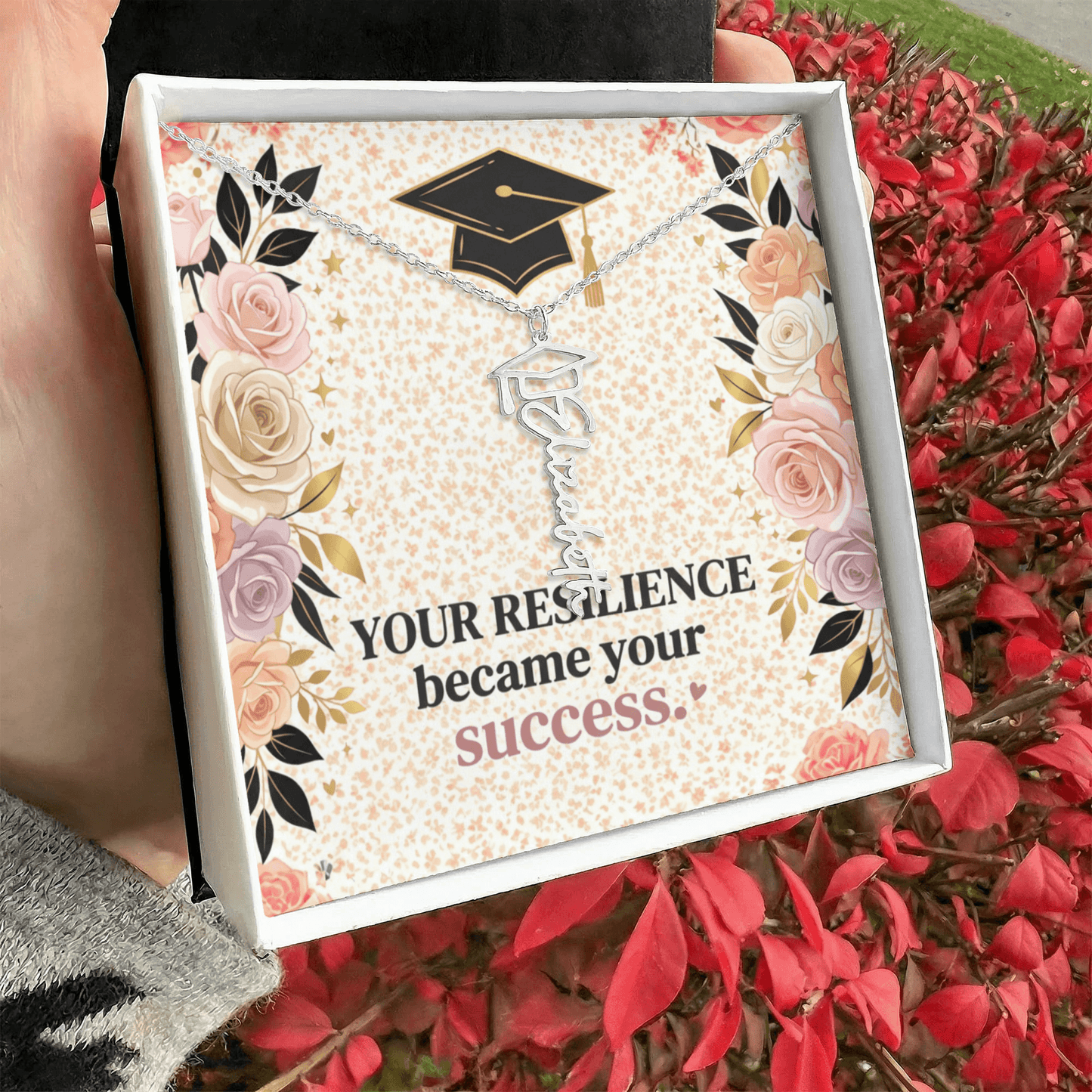 Shop our premium your resilience became your success graduation cap name necklace from MySisterIsASurvivor.