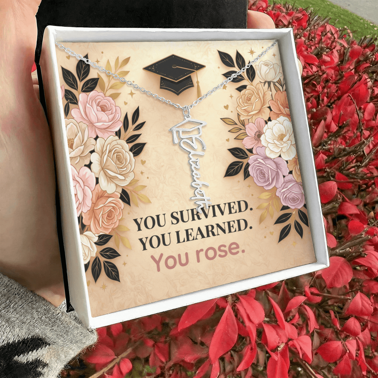 Shop our premium you survived you learned you rose graduation cap name necklace from MySisterIsASurvivor.