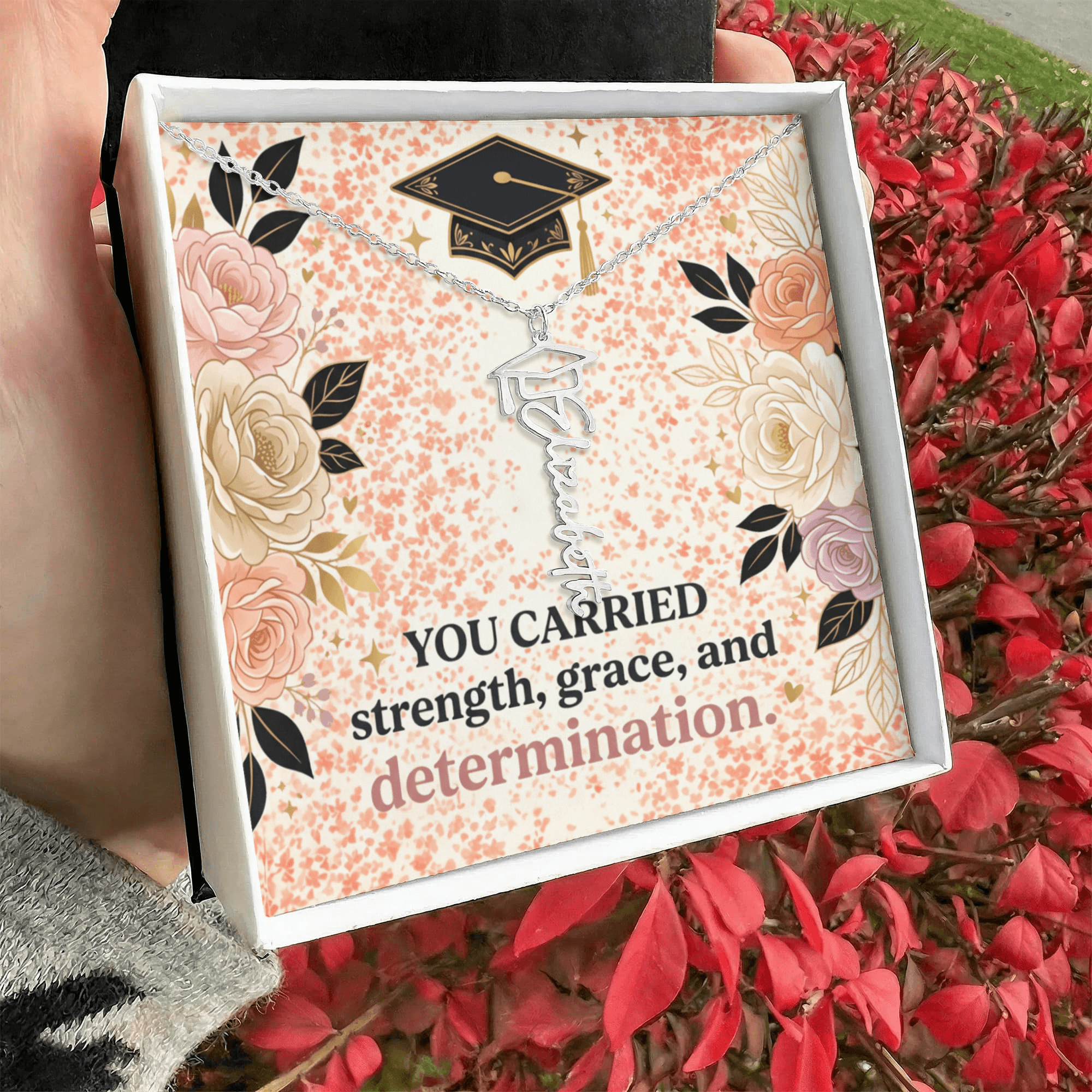 Shop our premium you carried strength grace and determination graduation cap name necklace from MySisterIsASurvivor.