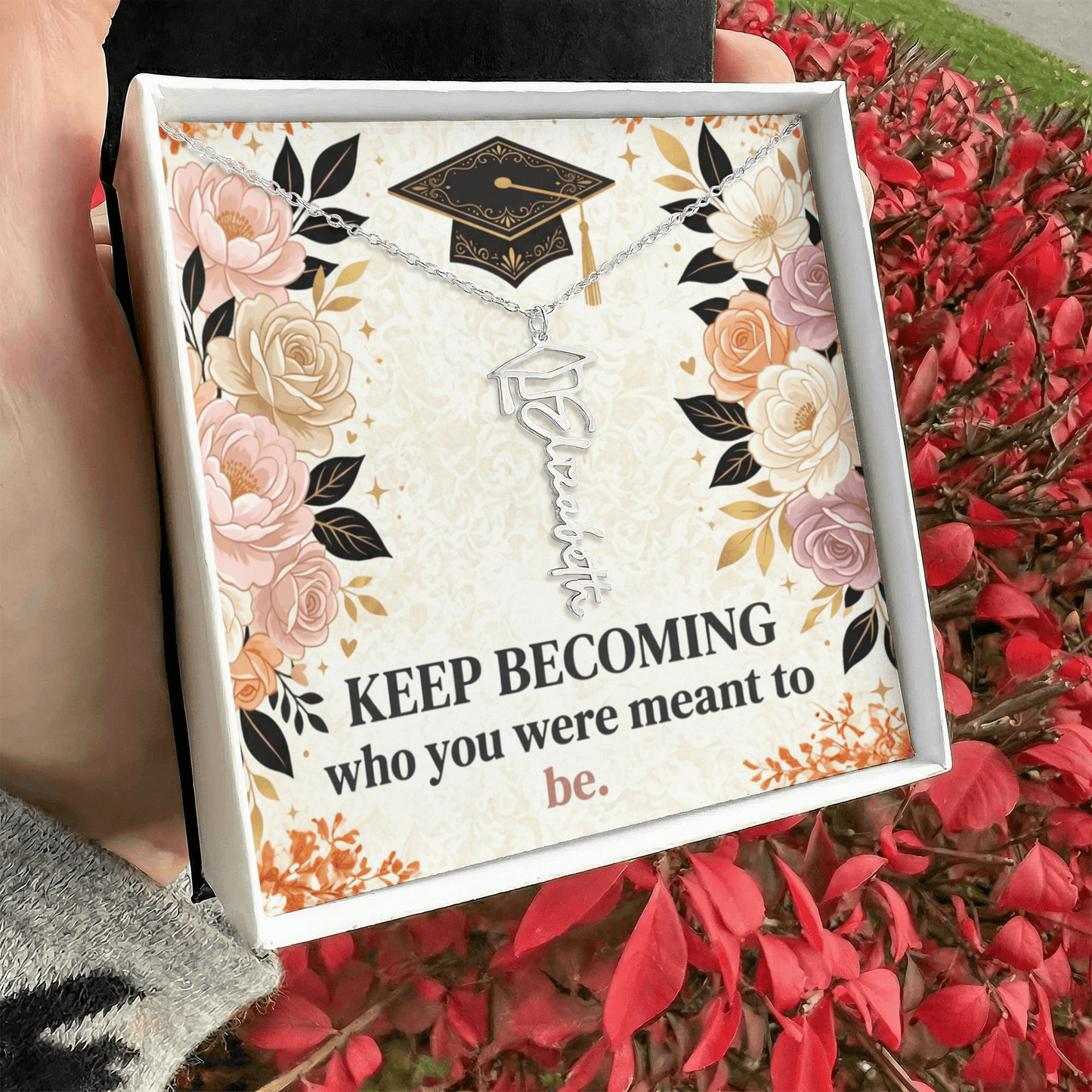 Shop our premium keep becoming who you were meant to be graduation cap name necklace from MySisterIsASurvivor.