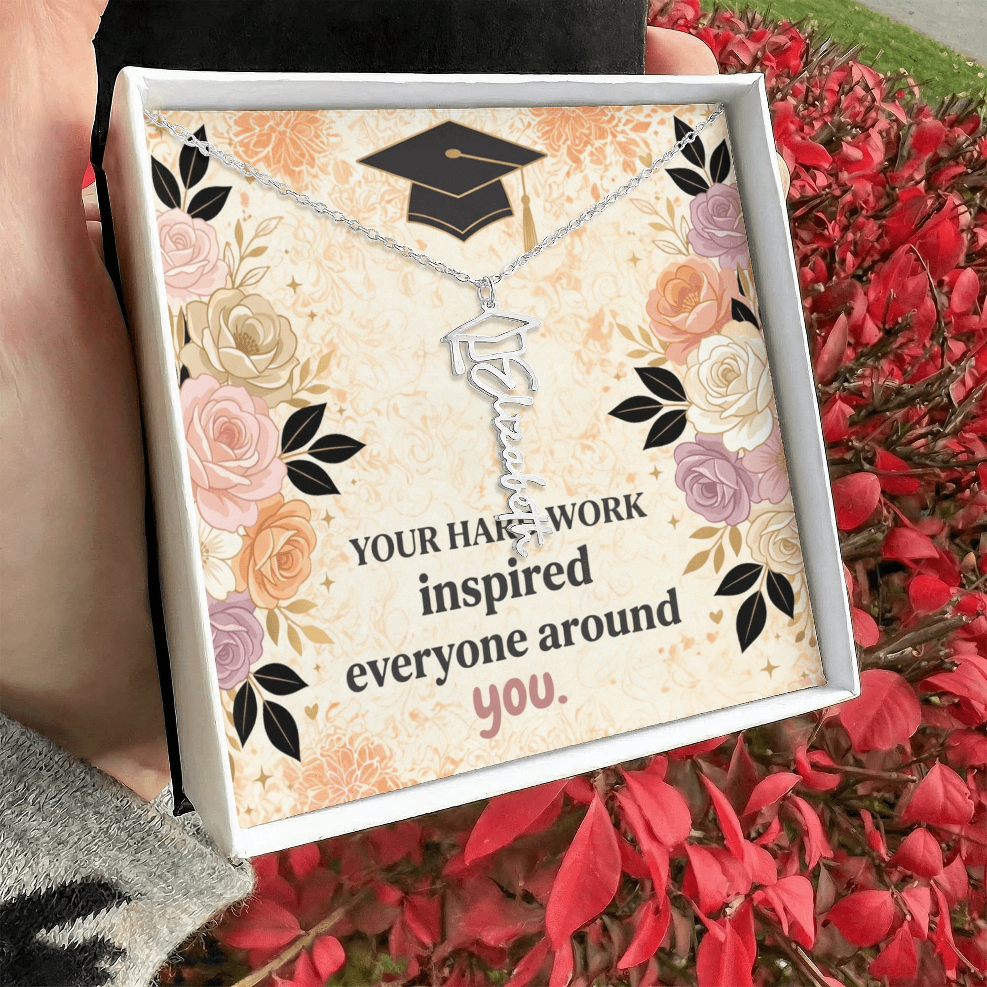 Shop our premium your hard work inspired everyone around you graduation cap name necklace from MySisterIsASurvivor.