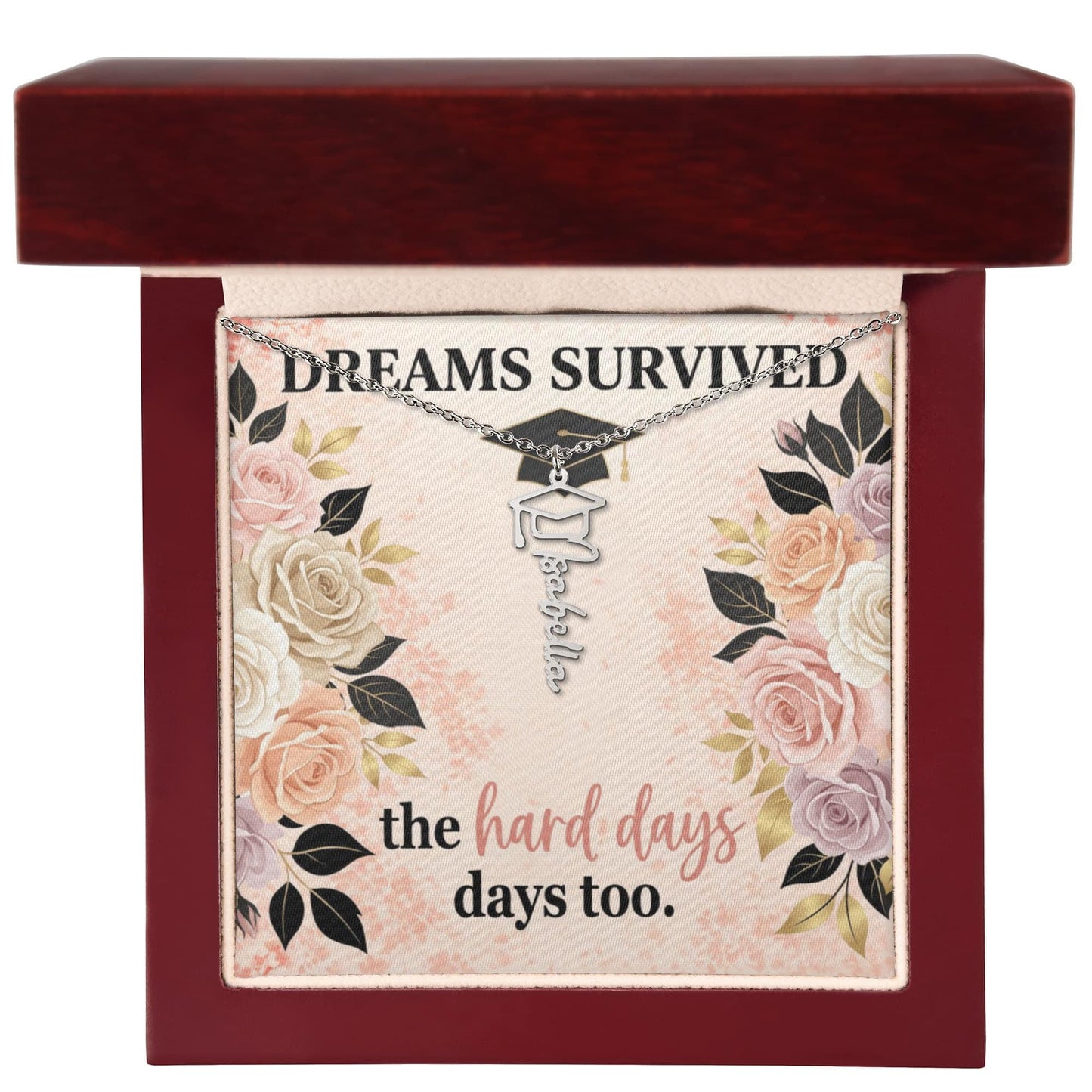 Shop our dreams survived the hard days too graduation cap name necklace featuring the 18k Yellow Gold Finish style option from MySisterIsASurvivor.