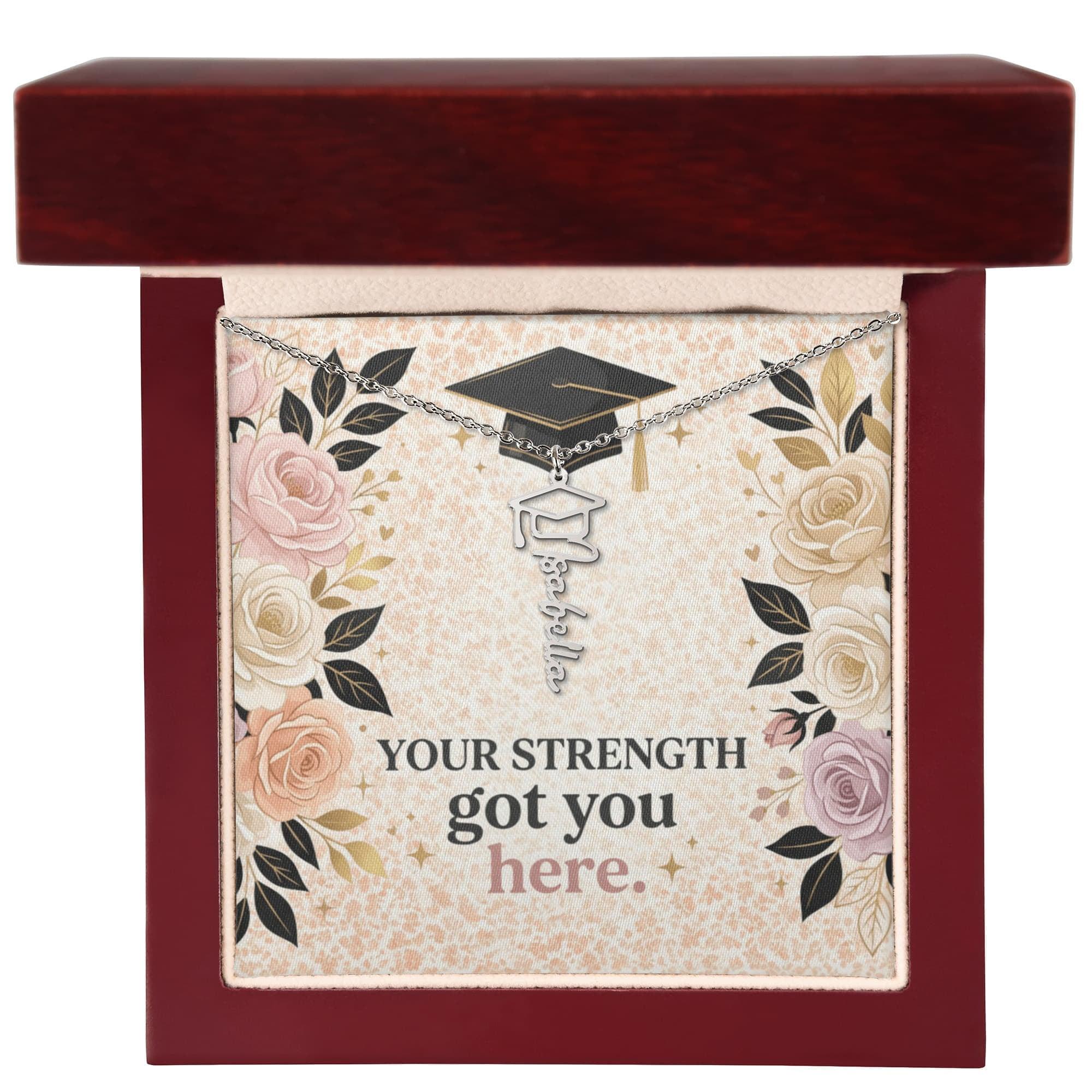 Shop our your strength got you here graduation cap name necklace featuring the 18k Yellow Gold Finish style option from MySisterIsASurvivor.