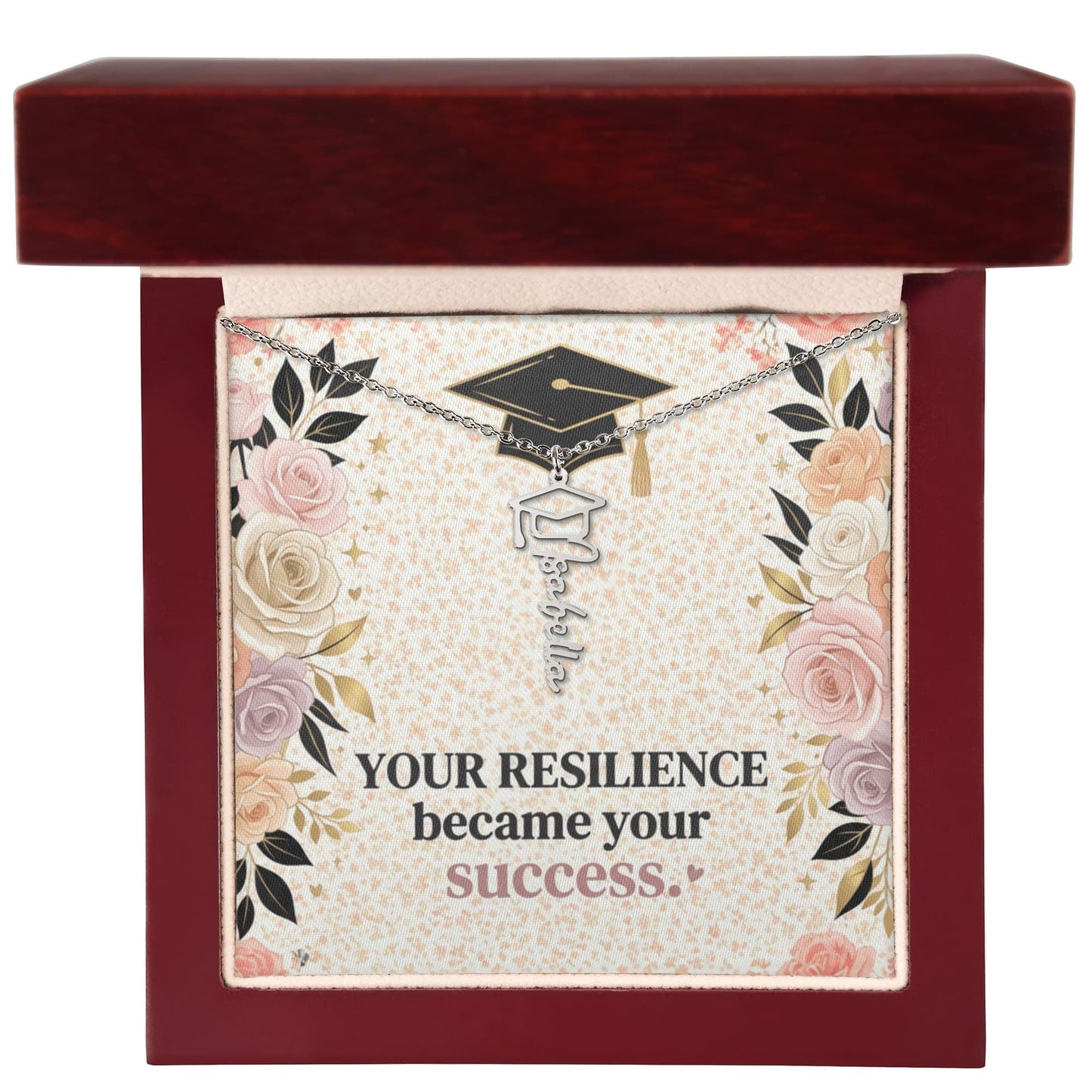 Shop our your resilience became your success graduation cap name necklace featuring the 18k Yellow Gold Finish style option from MySisterIsASurvivor.
