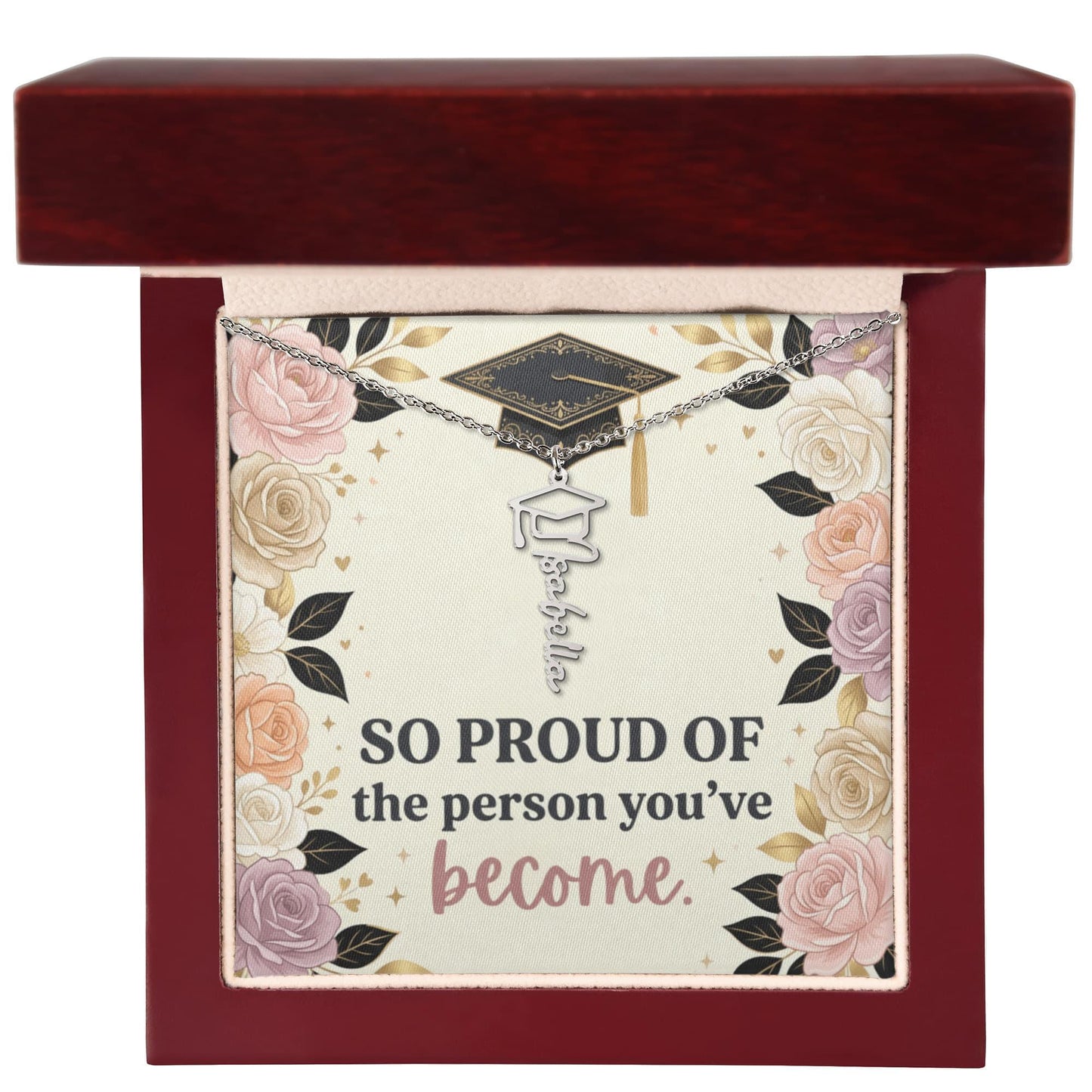 Shop our so proud of the person youve become graduation cap name necklace featuring the 18k Yellow Gold Finish style option from MySisterIsASurvivor.