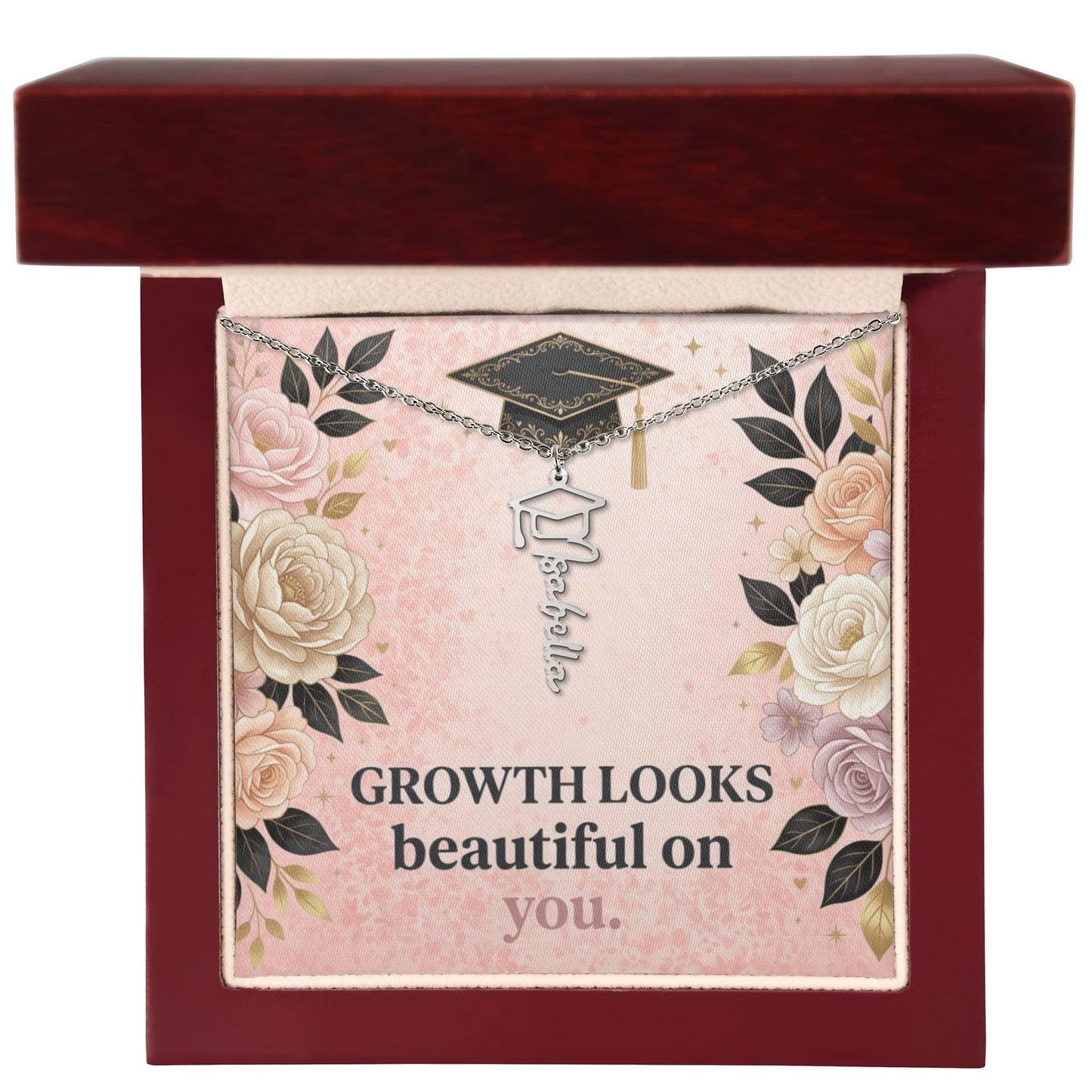 Shop our growth looks beautiful on you graduation cap name necklace featuring the 18k Yellow Gold Finish style option from MySisterIsASurvivor.