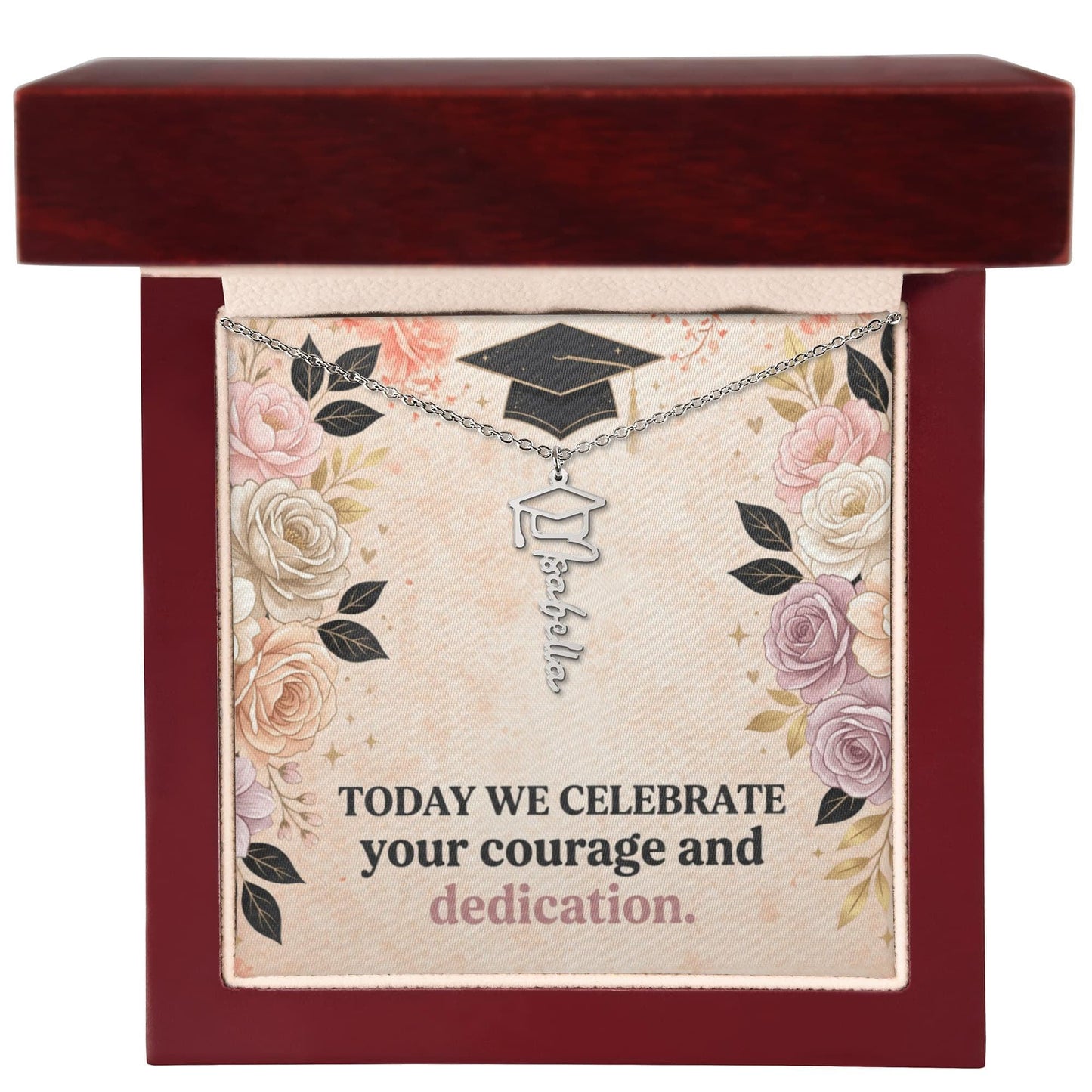 Shop our today we celebrate your courage and dedication graduation cap name necklace featuring the 18k Yellow Gold Finish style option from MySisterIsASurvivor.