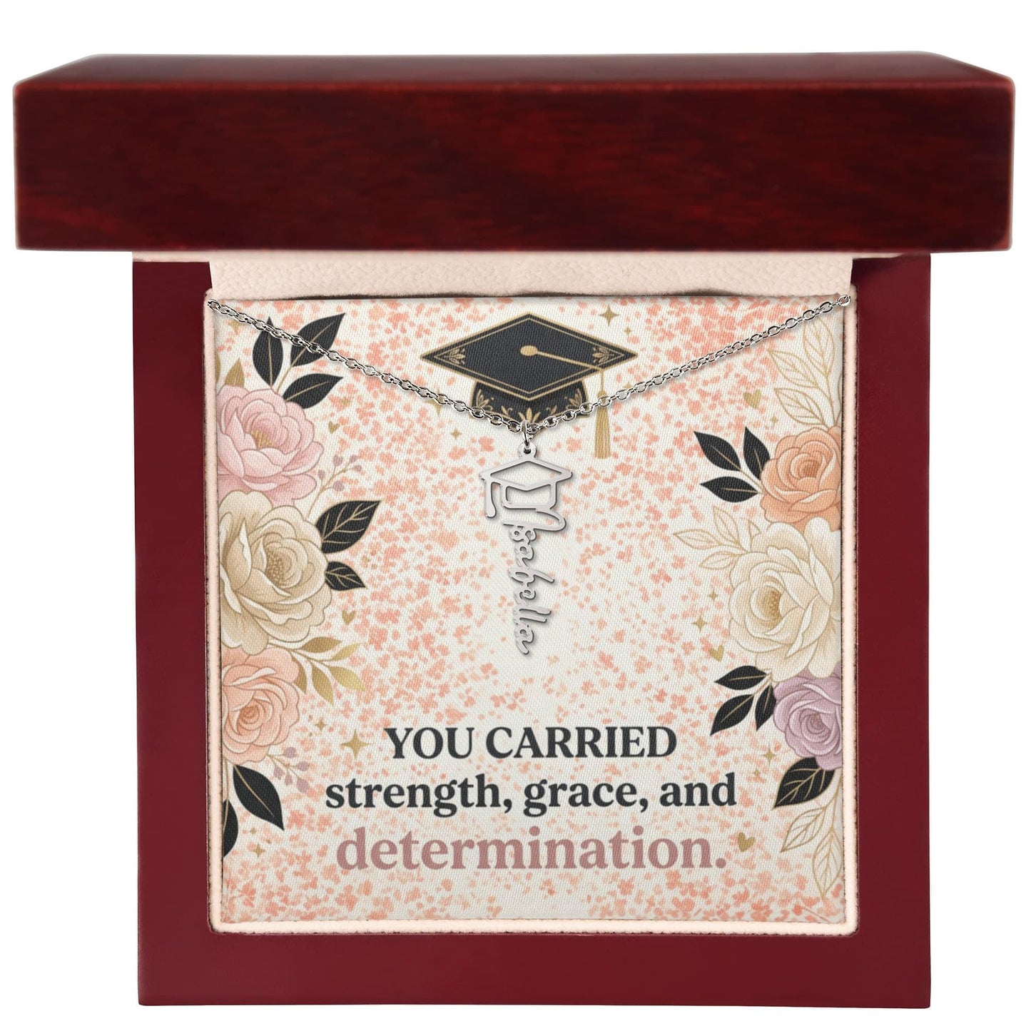 Shop our you carried strength grace and determination graduation cap name necklace featuring the 18k Yellow Gold Finish style option from MySisterIsASurvivor.