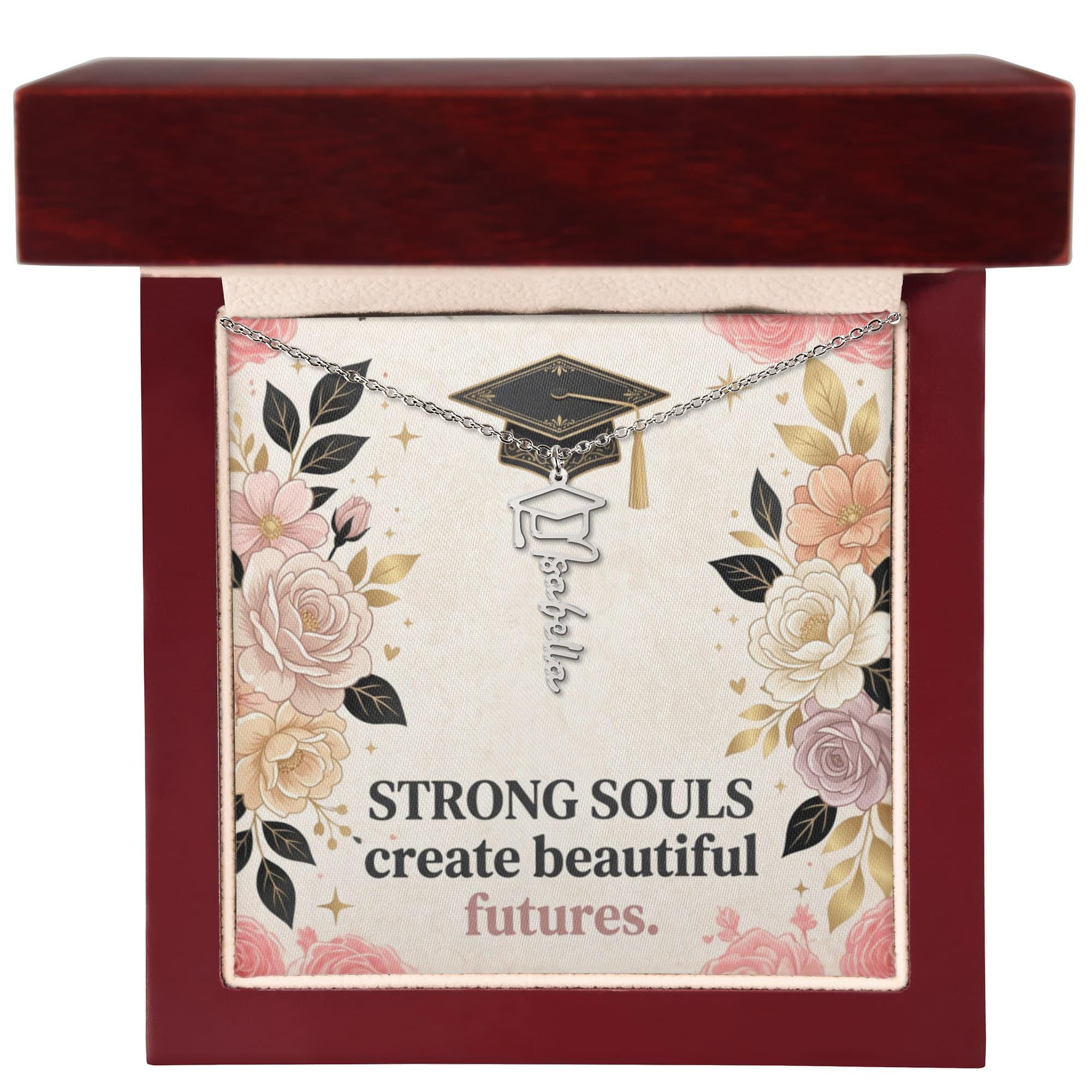 Shop our strong souls create beautiful futures graduation cap name necklace featuring the 18k Yellow Gold Finish style option from MySisterIsASurvivor.