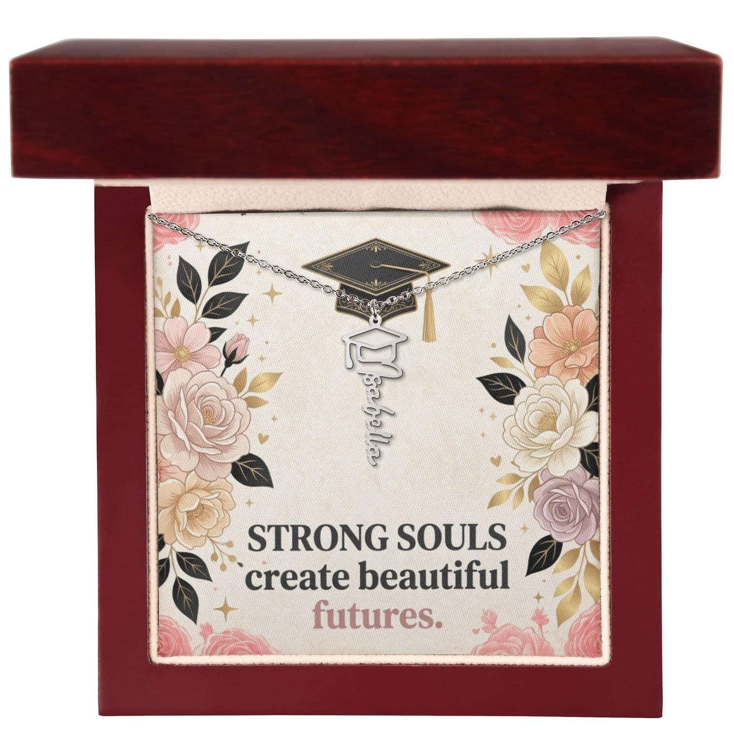 Shop our strong souls create beautiful futures graduation cap name necklace featuring the 18k Yellow Gold Finish style option from MySisterIsASurvivor.