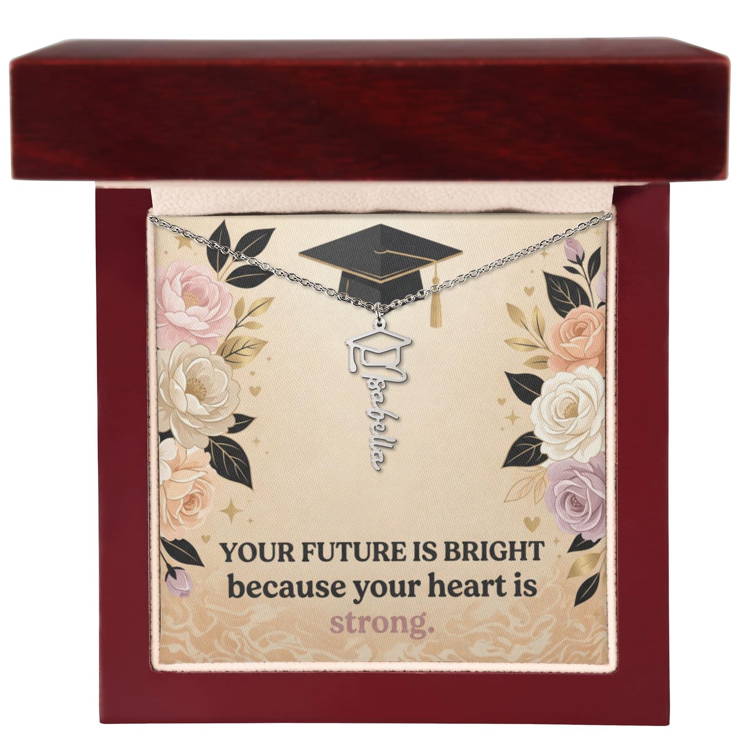 Shop our your future is bright because your heart is strong graduation cap name necklace featuring the 18k Yellow Gold Finish style option from MySisterIsASurvivor.