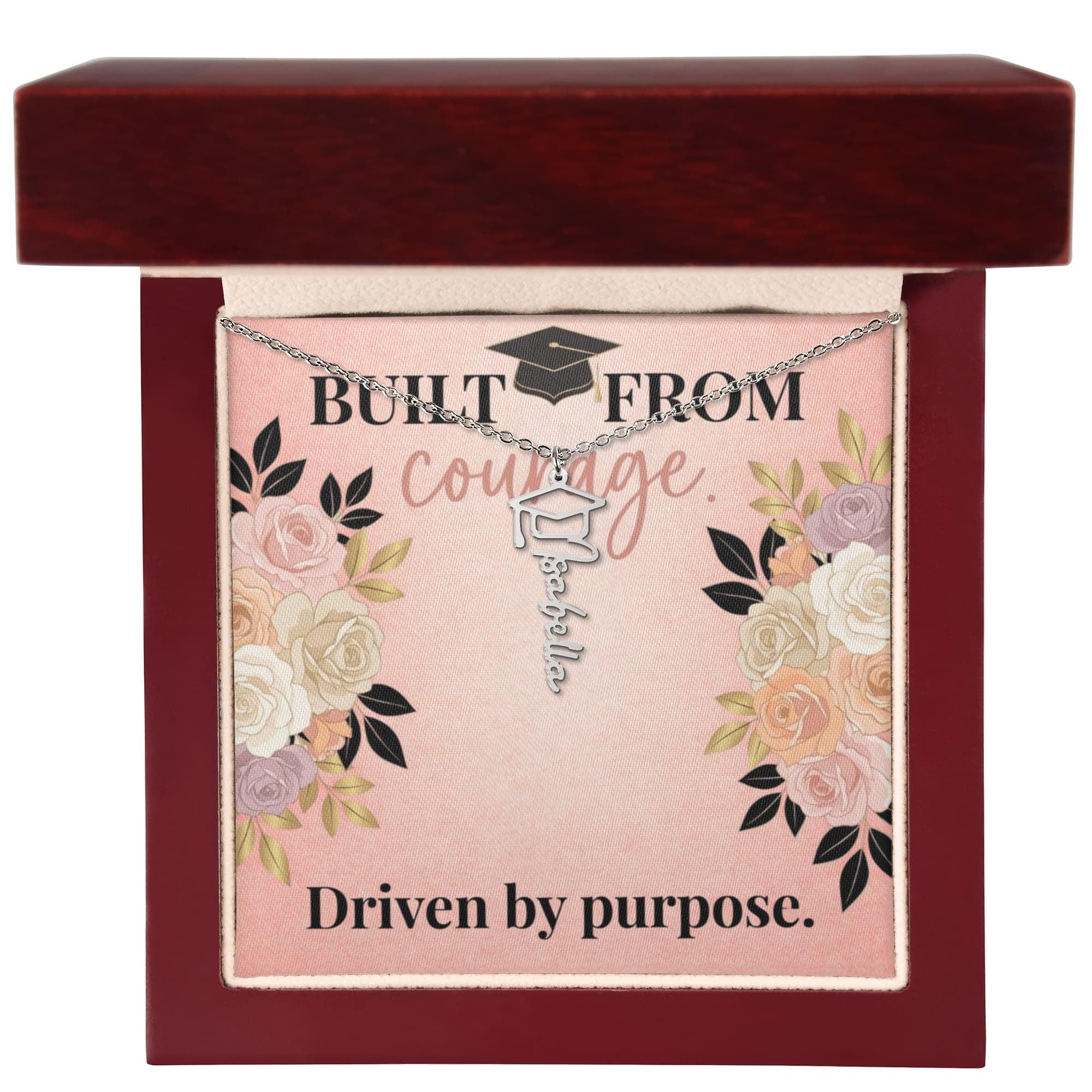 Shop our premium built from courage driven by purpose graduation cap name necklace from MySisterIsASurvivor.