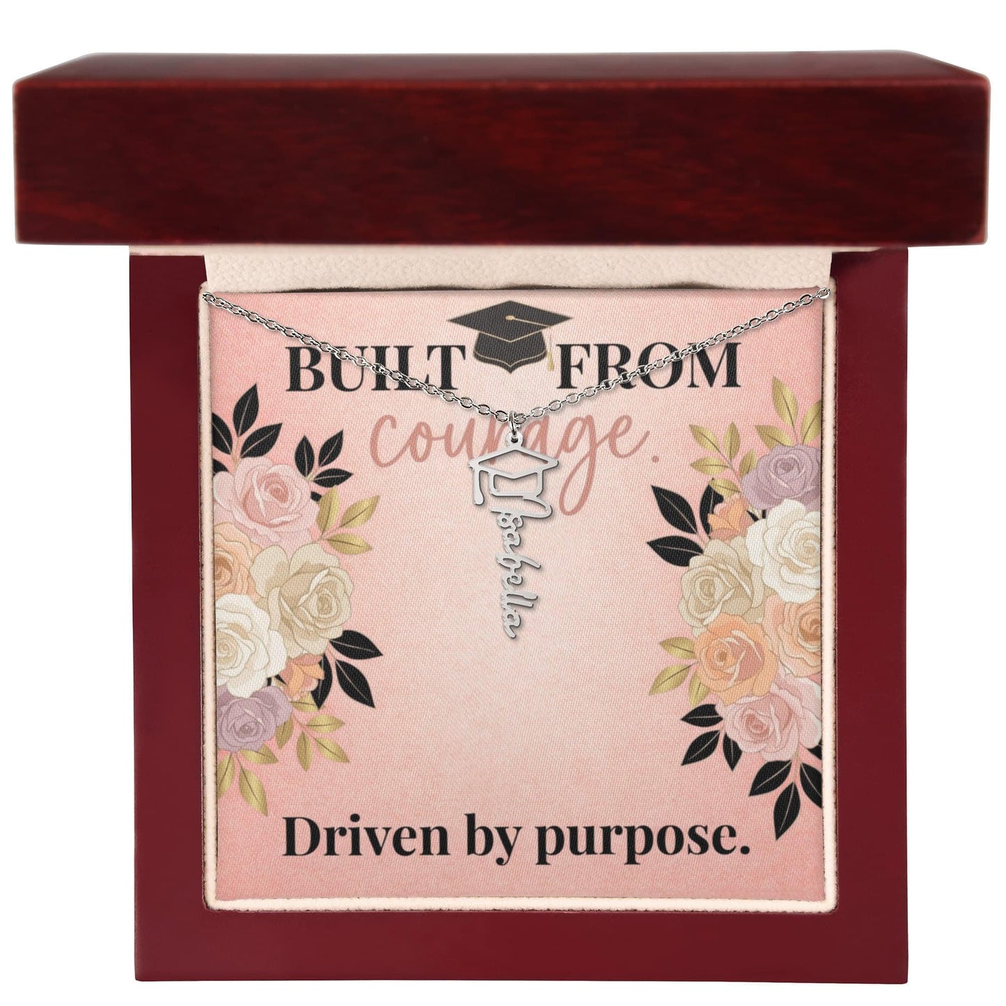 Shop our premium built from courage driven by purpose graduation cap name necklace from MySisterIsASurvivor.