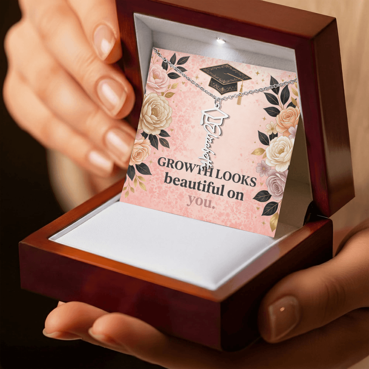 Shop our premium growth looks beautiful on you graduation cap name necklace from MySisterIsASurvivor.