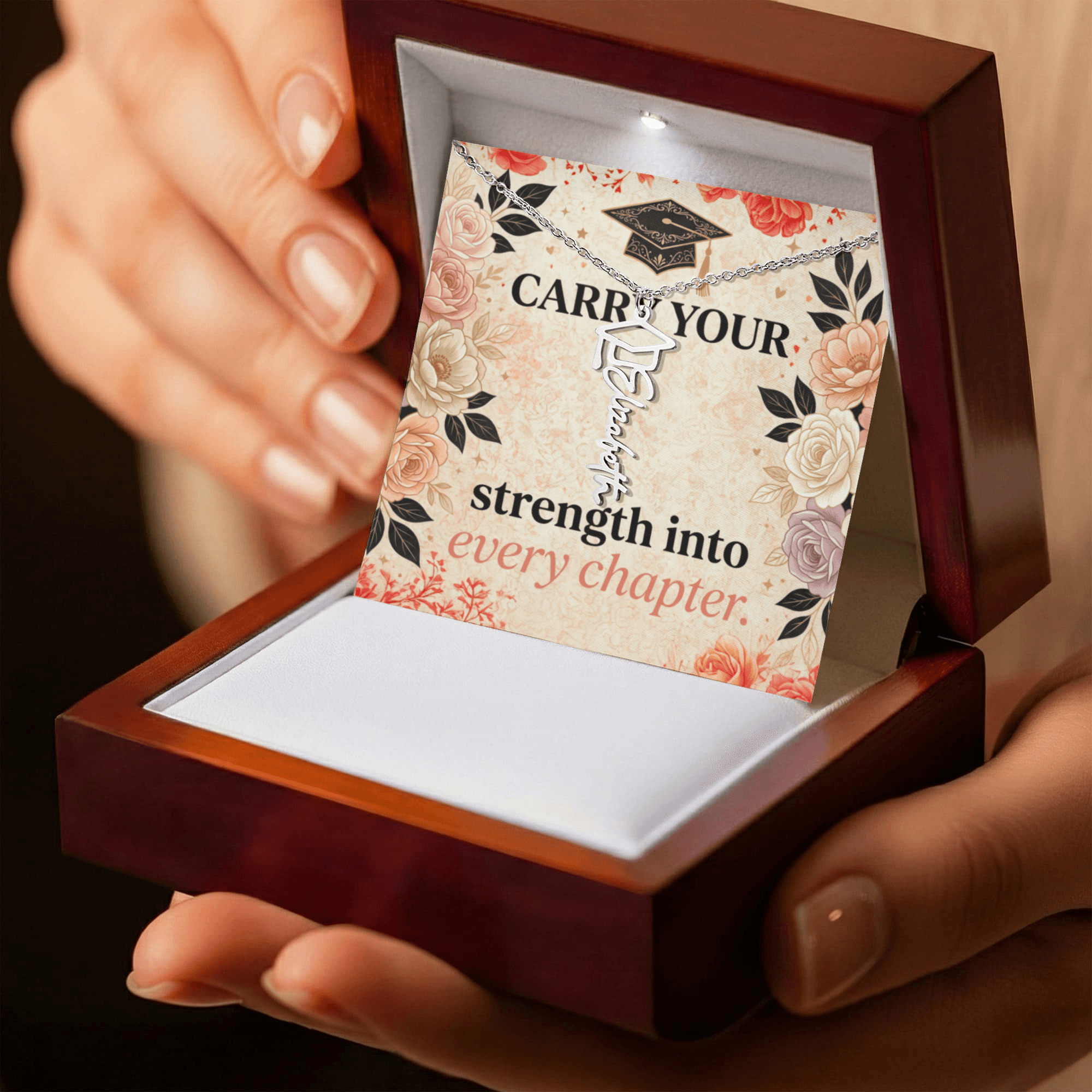Shop our premium carry your strength into every chapter graduation cap name necklace from MySisterIsASurvivor.