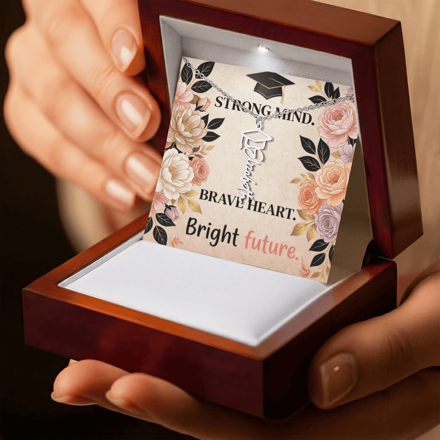 Shop our premium strong mind brave heart bright future graduation cap name necklace from MySisterIsASurvivor.