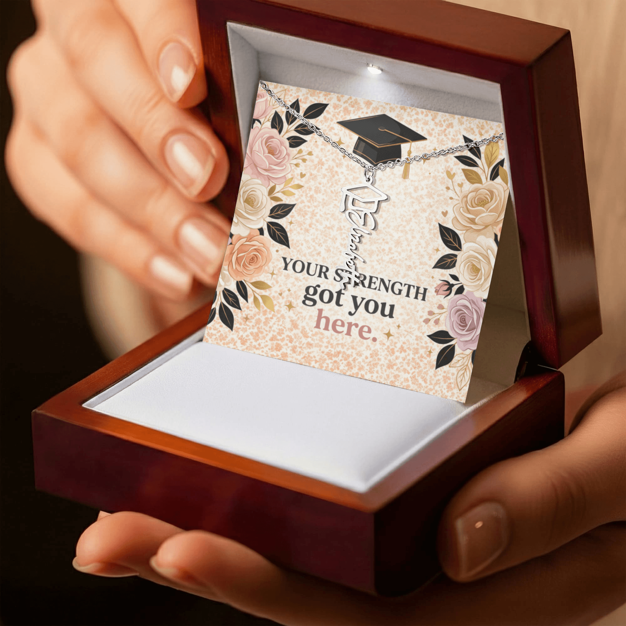 Shop our premium your strength got you here graduation cap name necklace from MySisterIsASurvivor.