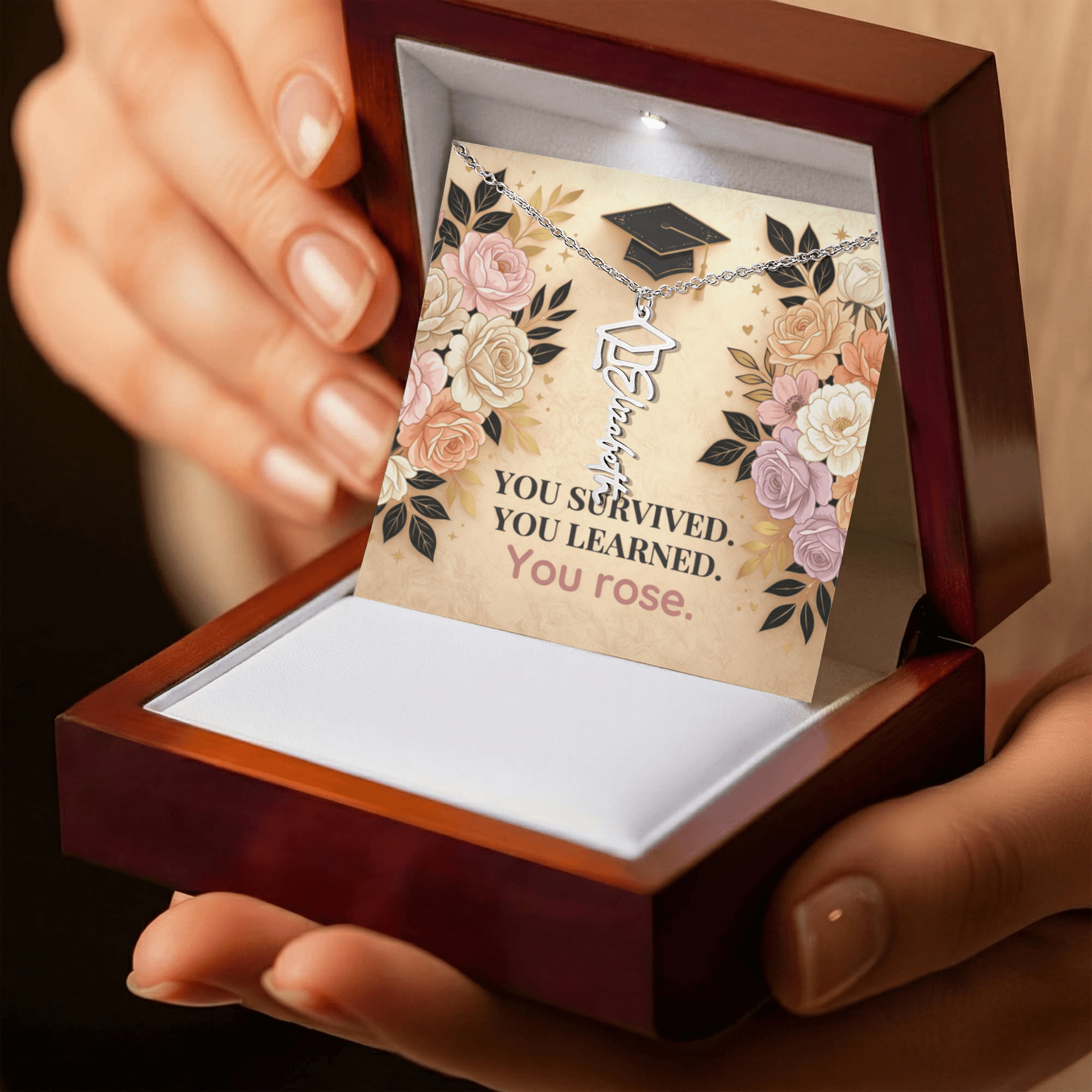 Shop our premium you survived you learned you rose graduation cap name necklace from MySisterIsASurvivor.