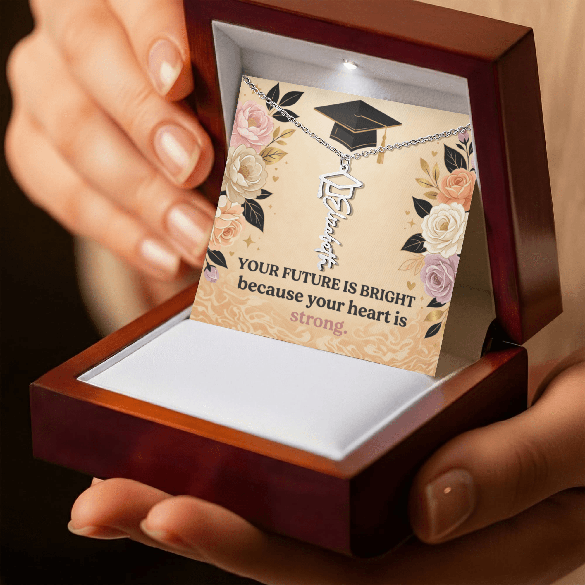 Shop our premium your future is bright because your heart is strong graduation cap name necklace from MySisterIsASurvivor.