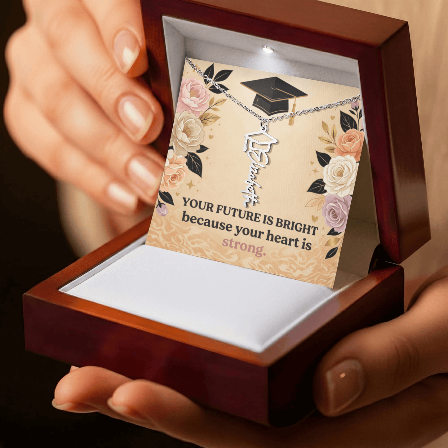 Shop our premium your future is bright because your heart is strong graduation cap name necklace from MySisterIsASurvivor.