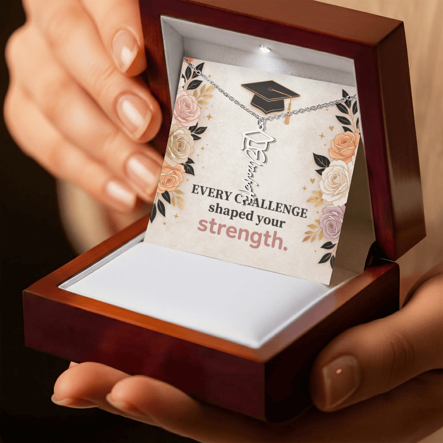 Shop our every challenge shaped your strength graduation cap name necklace featuring the 18k Yellow Gold Finish style option from MySisterIsASurvivor.