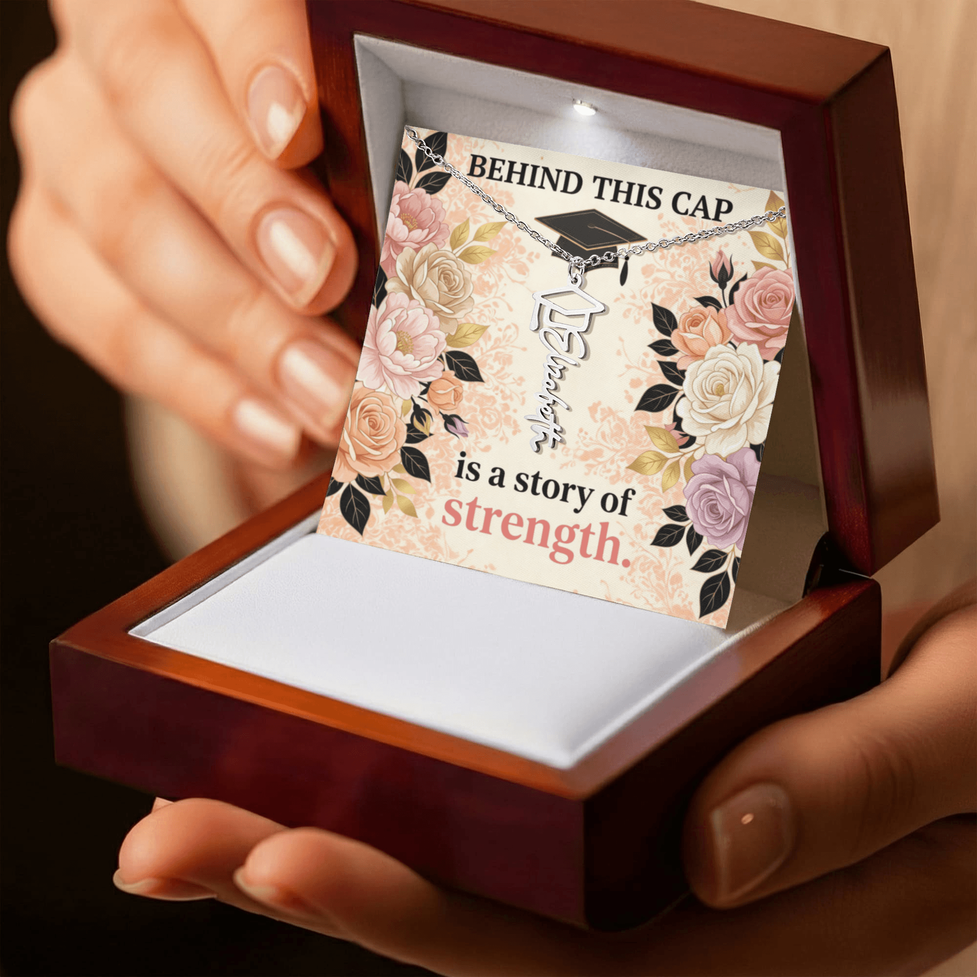 Shop our premium behind this cap is a story of strength graduation cap name necklace from MySisterIsASurvivor.