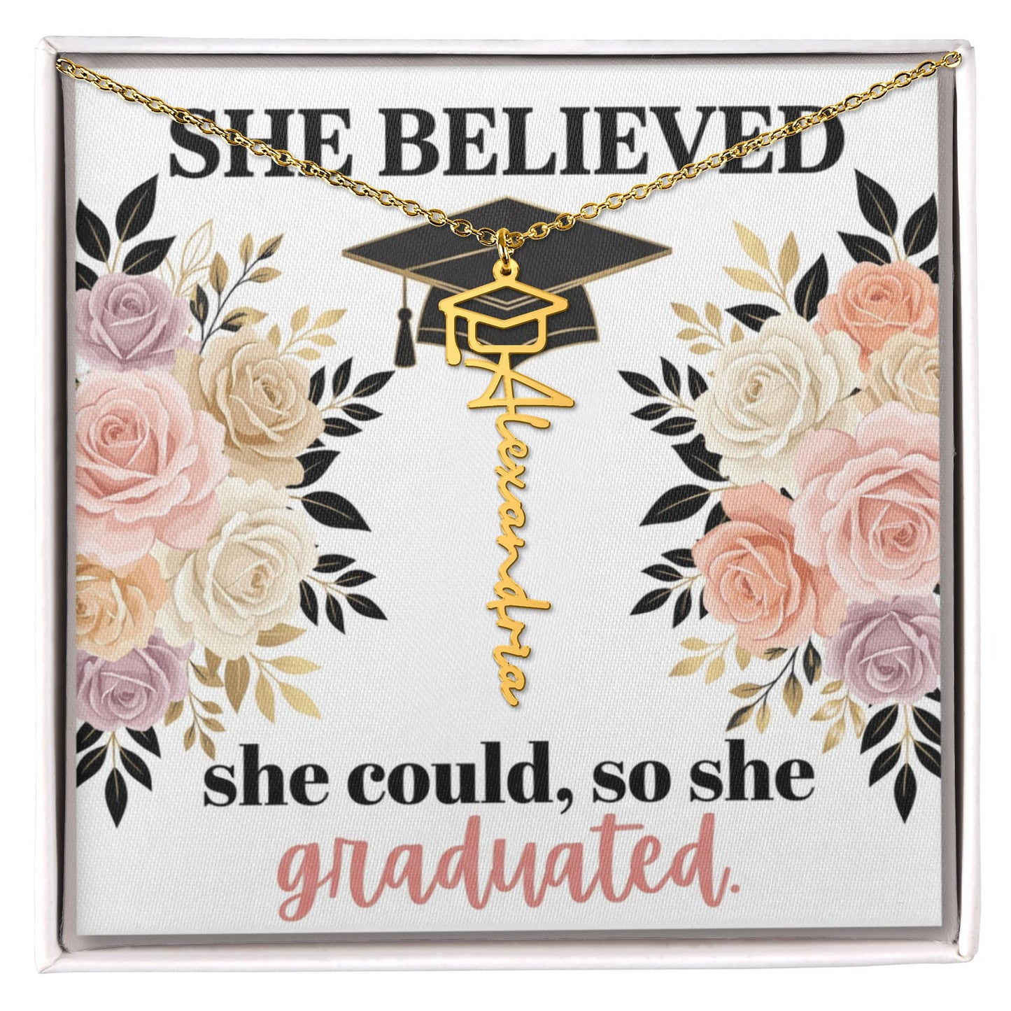 Shop our proof that strength and perseverance win graduation cap name necklace featuring the 18k Yellow Gold Finish style option from MySisterIsASurvivor.