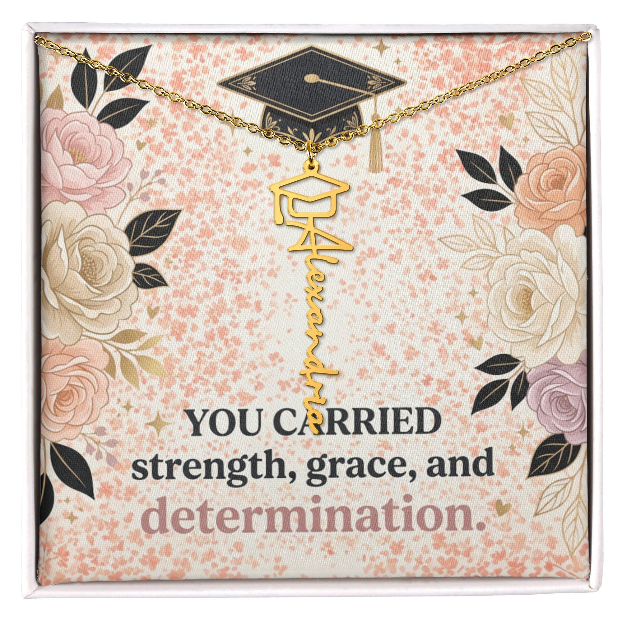 Shop our you carried strength grace and determination graduation cap name necklace featuring the Polished Stainless Steel style option from MySisterIsASurvivor.
