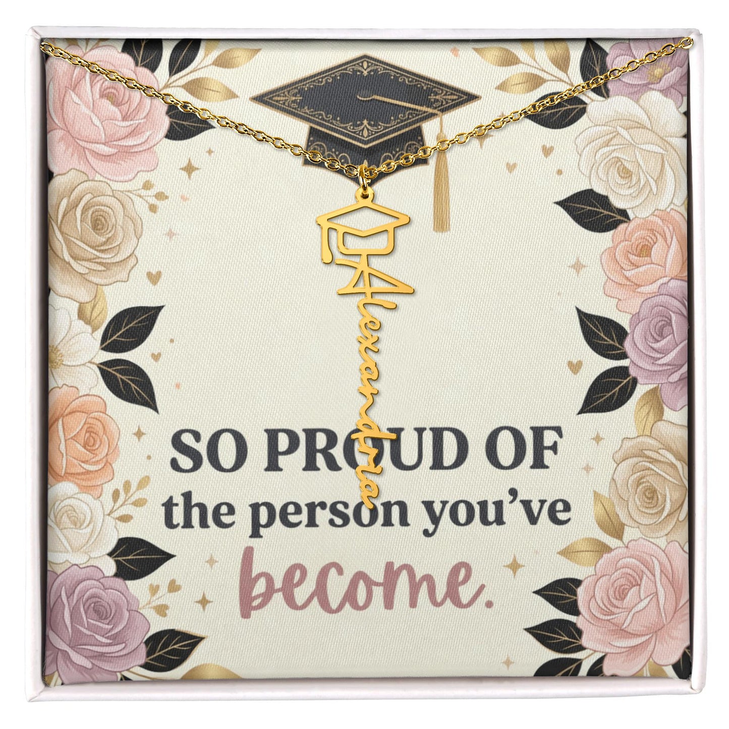 Shop our so proud of the person youve become graduation cap name necklace featuring the Polished Stainless Steel style option from MySisterIsASurvivor.