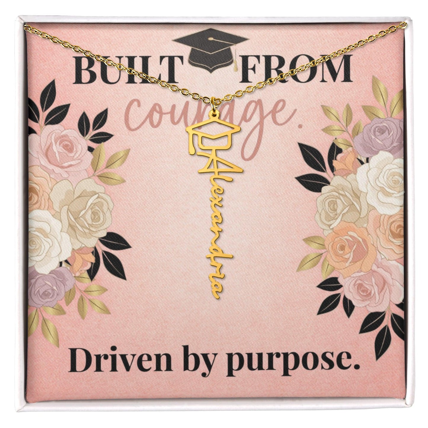 Shop our built from courage driven by purpose graduation cap name necklace featuring the 18k Yellow Gold Finish style option from MySisterIsASurvivor.