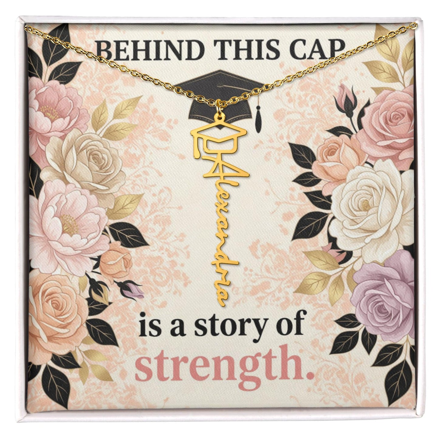 Shop our behind this cap is a story of strength graduation cap name necklace featuring the 18k Yellow Gold Finish style option from MySisterIsASurvivor.