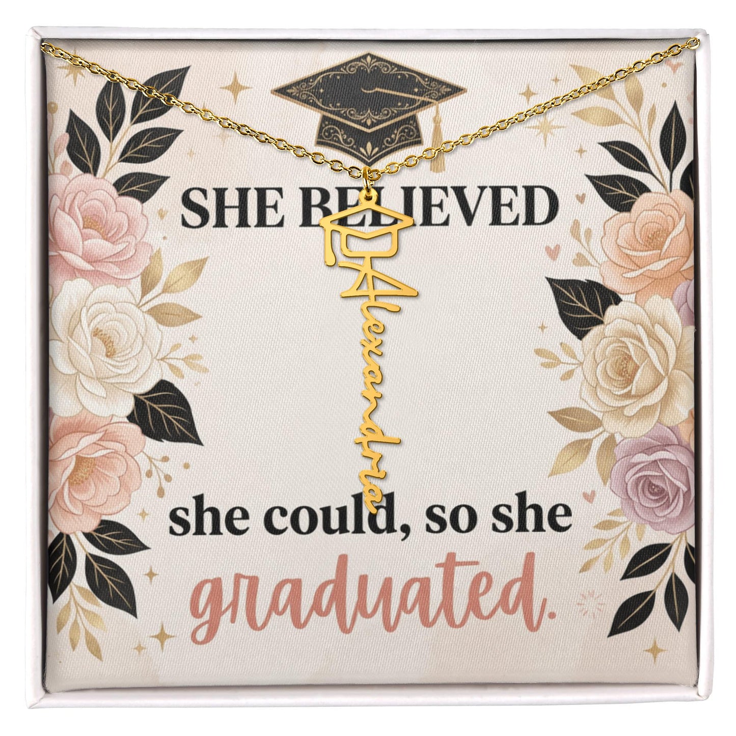 Shop our she believed she could so she graduated graduation cap name necklace featuring the 18k Yellow Gold Finish style option from MySisterIsASurvivor.