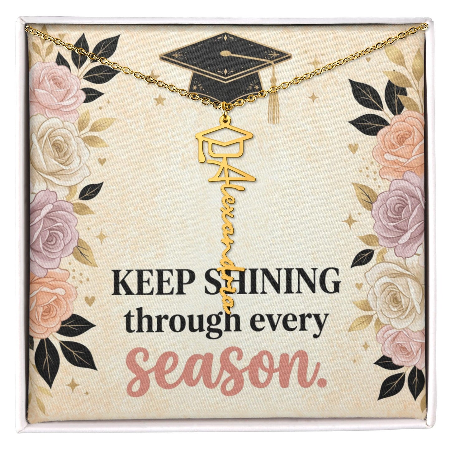 Shop our keep shining through every season graduation cap name necklace featuring the 18k Yellow Gold Finish style option from MySisterIsASurvivor.