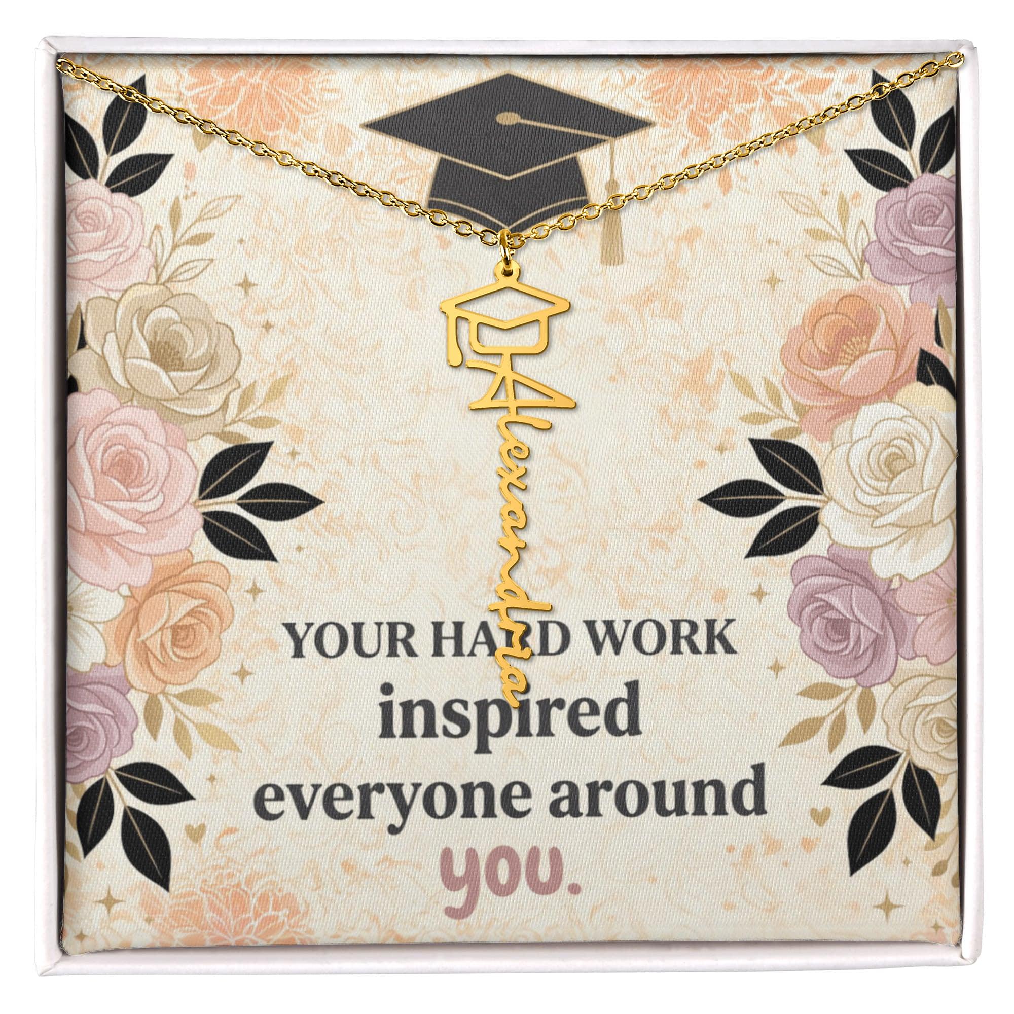 Shop our your hard work inspired everyone around you graduation cap name necklace featuring the Polished Stainless Steel style option from MySisterIsASurvivor.