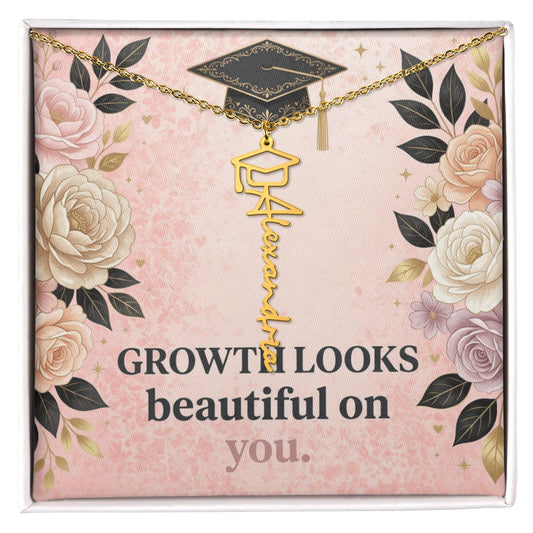 Shop our growth looks beautiful on you graduation cap name necklace featuring the Polished Stainless Steel style option from MySisterIsASurvivor.